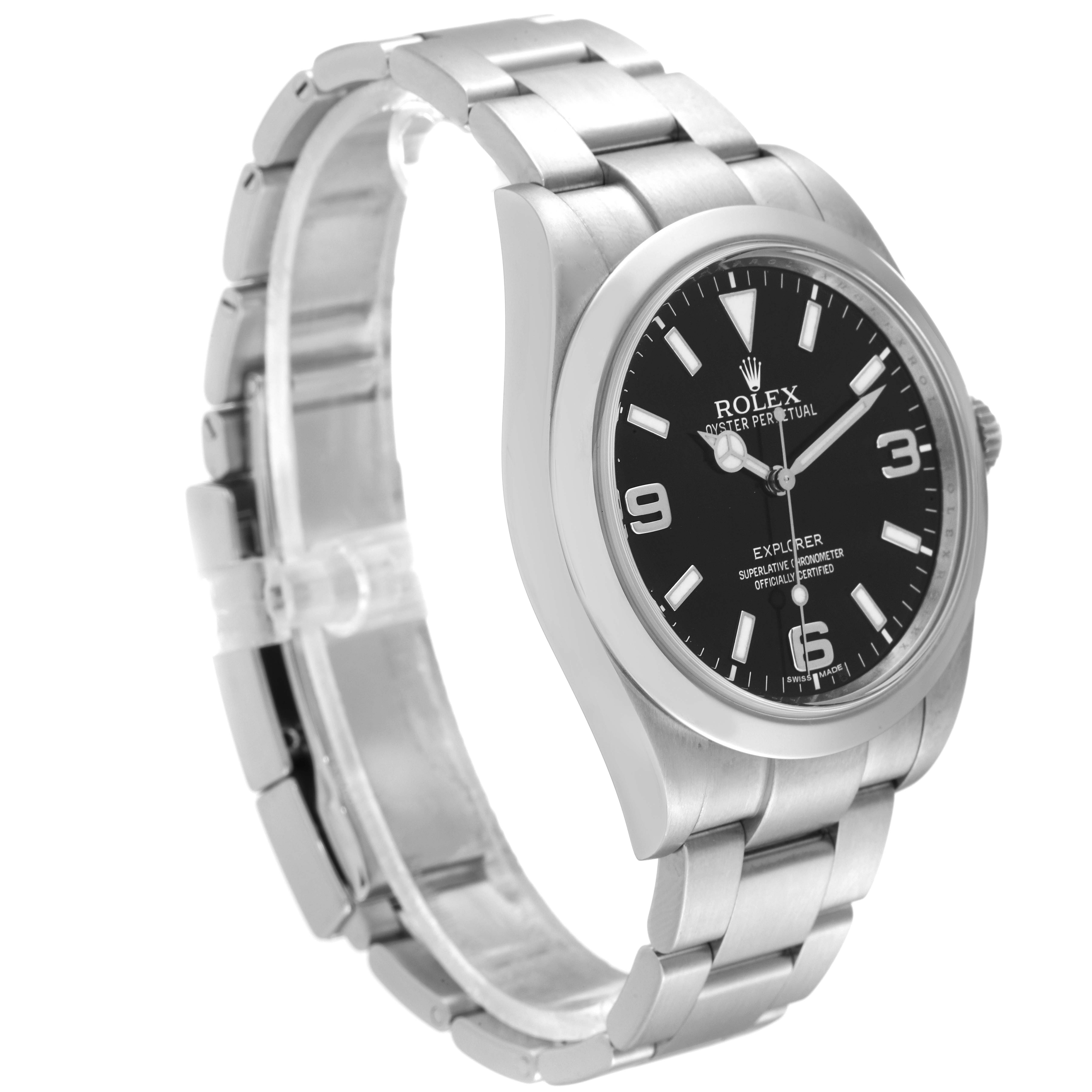 The Rolex Explorer 214270 Men's Stainless Steel Black Dial 214270 Men's Stainless Steel Black Dial watch is shown at an angled side view, highlighting its bracelet, case, and black dial.