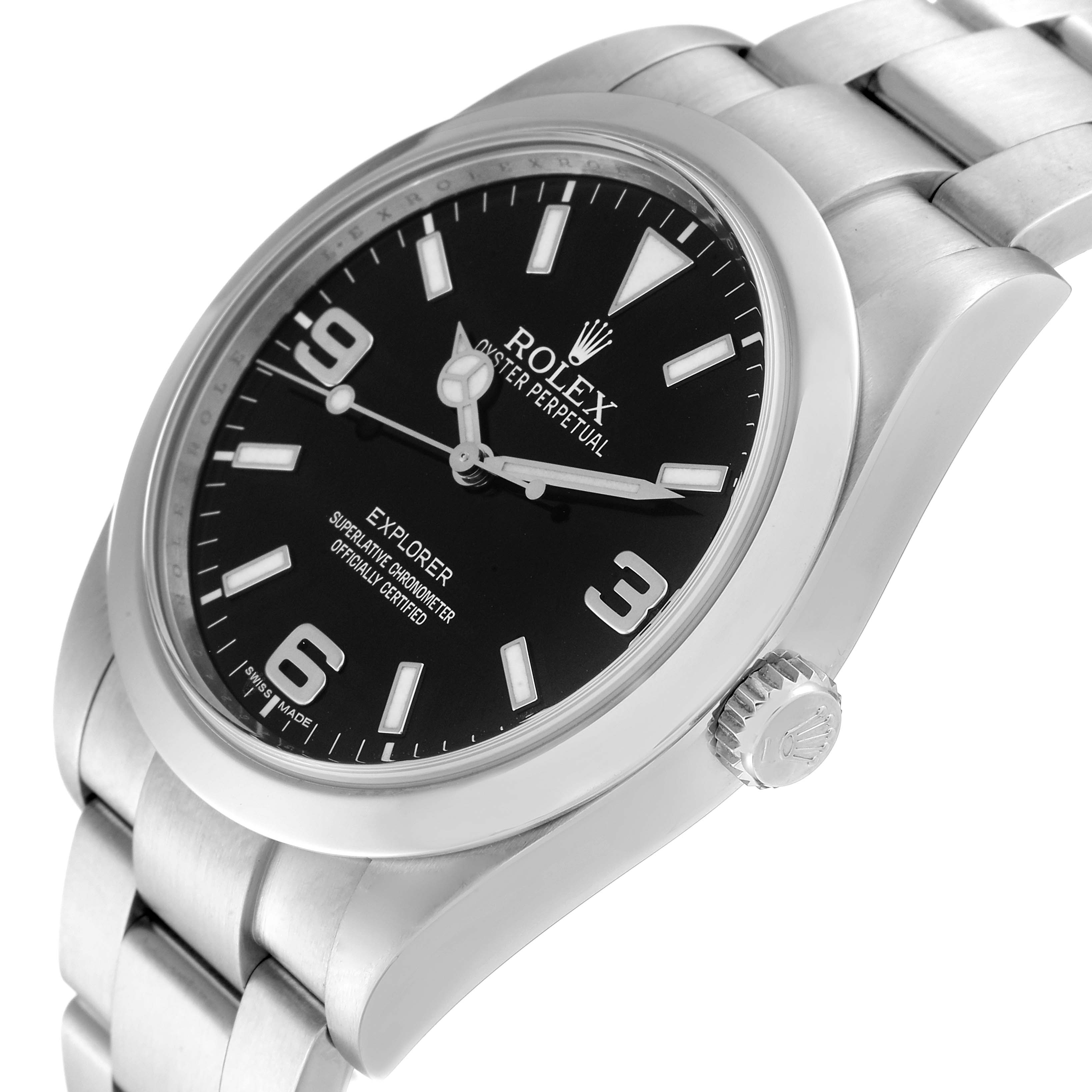 The image shows a side angle of the Rolex Explorer 214270 Men's Stainless Steel Black Dial 214270 Men's Stainless Steel Black Dial watch, highlighting its black dial, crown, and stainless steel bracelet.