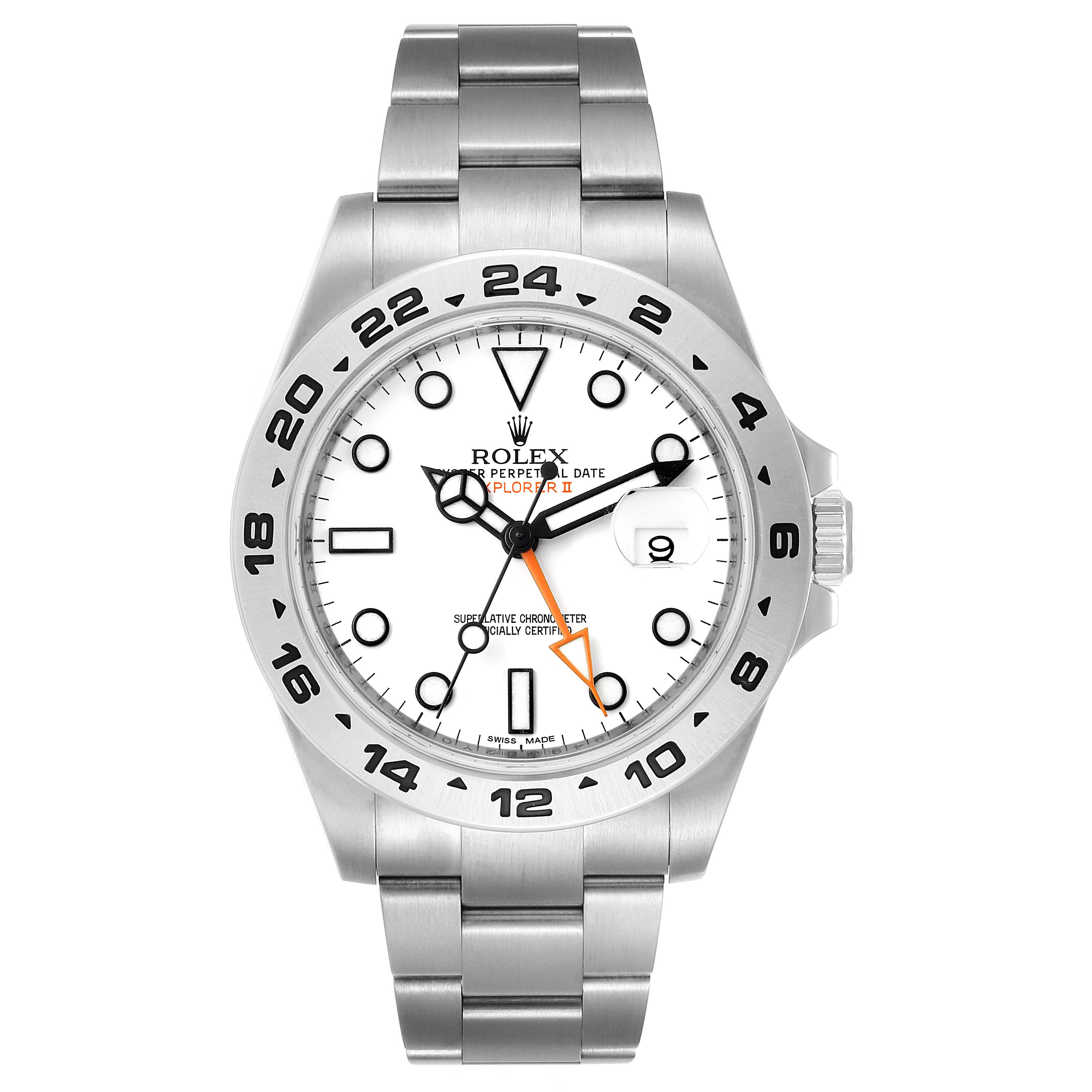 This image shows a front view of a Rolex Explorer 216570 Men's Stainless Steel White Dial 216570 Men's Stainless Steel White Dial model watch, focusing on the dial, bezel, crown, and bracelet.