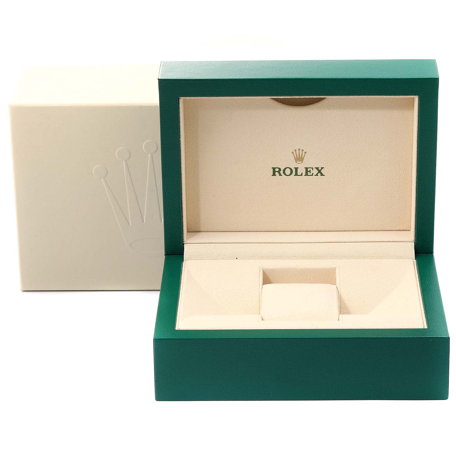 This image shows an open Rolex Explorer 216570 Men's Stainless Steel White Dial 216570 Men's Stainless Steel White Dial watch box with a green exterior and beige interior at a frontal angle.