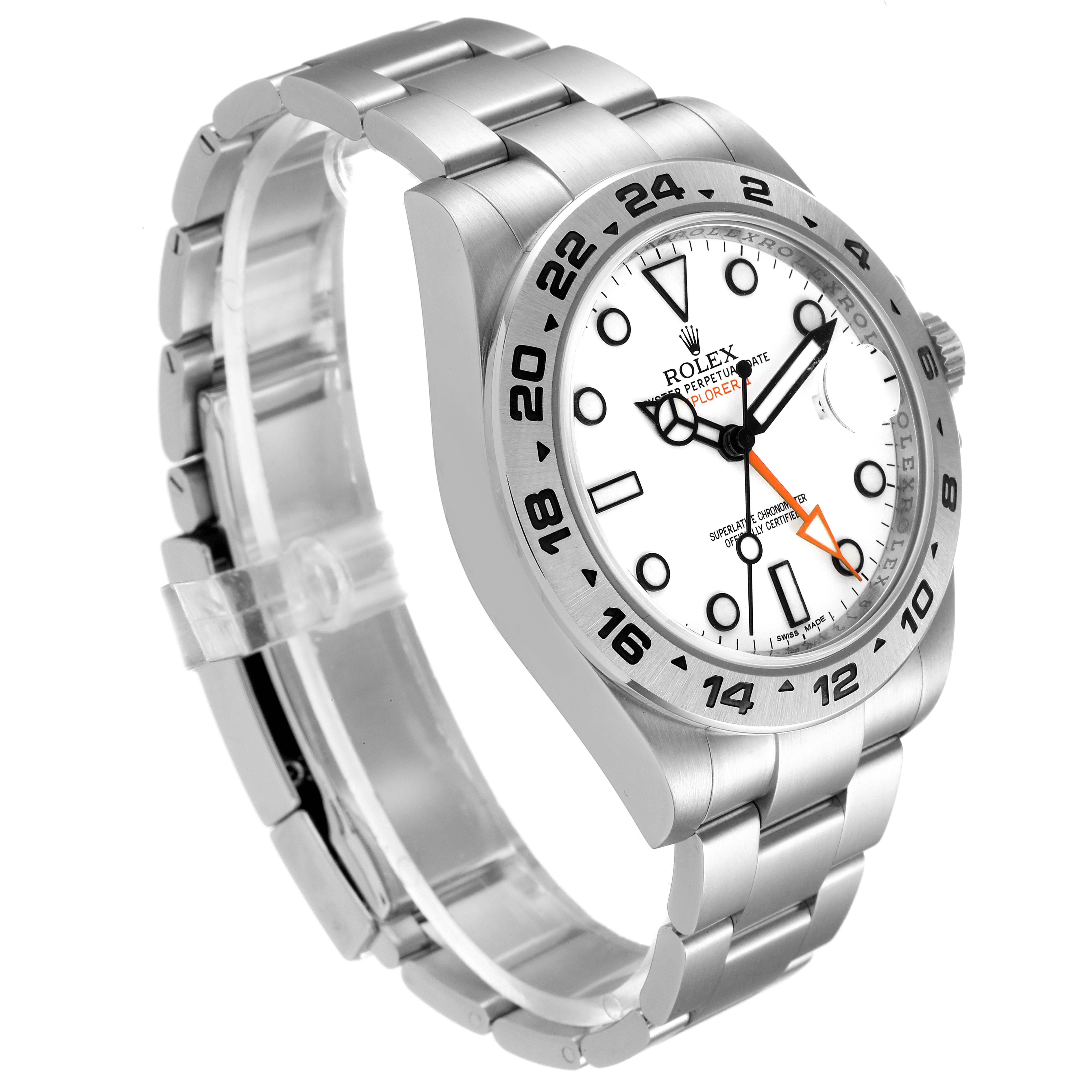 This image shows a side-angle view of the Rolex Explorer 216570 Men's Stainless Steel White Dial 216570 Men's Stainless Steel White Dial watch, displaying the face, bezel, crown, and part of the metal bracelet.