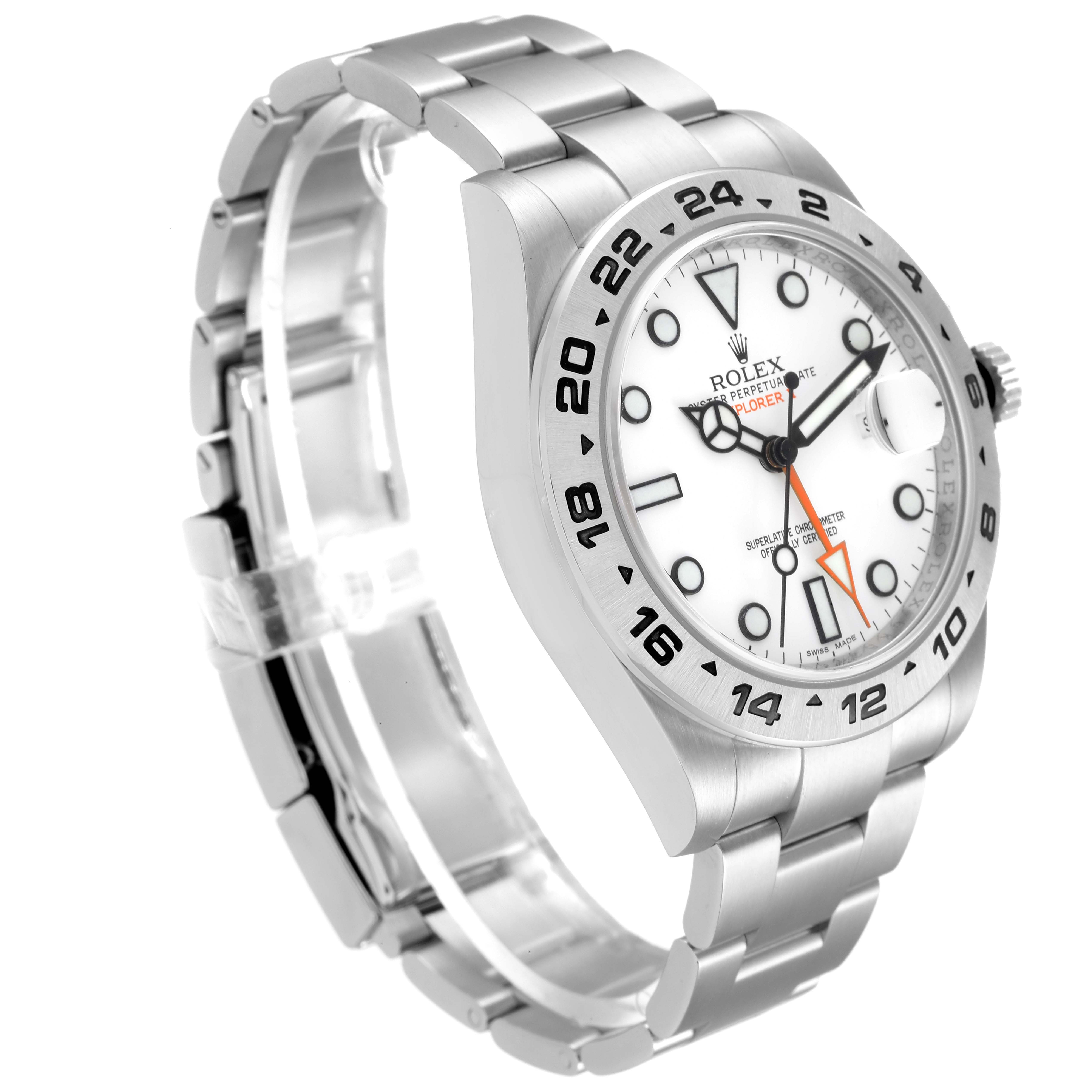 The image shows a Rolex Explorer 216570 Men's Stainless Steel White Dial 216570 Men's Stainless Steel White Dial watch from a three-quarter angle, highlighting its dial, bezel, crown, and metal bracelet.