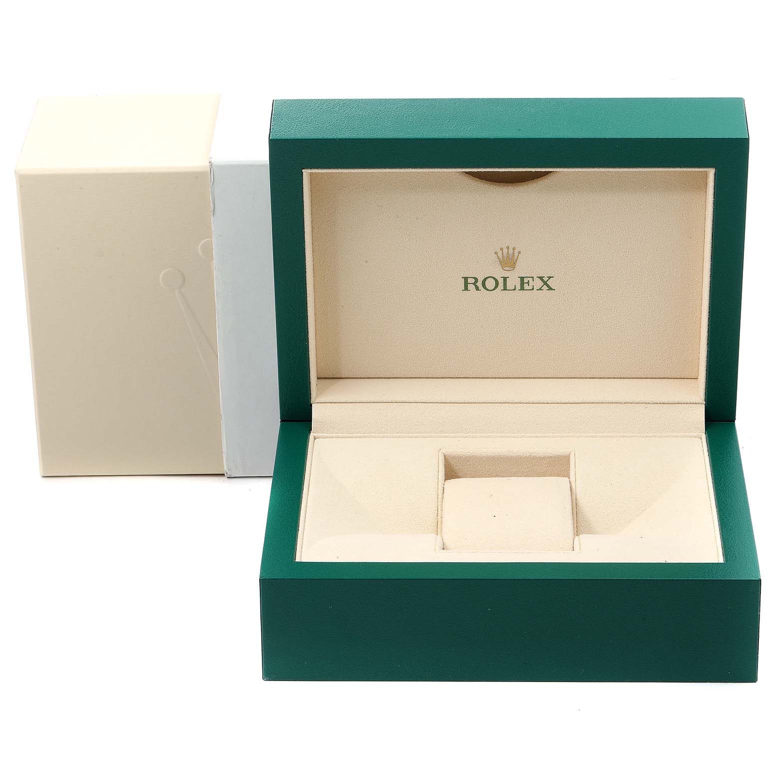 The image shows an open green and beige Rolex watch box for the Explorer model, including an external cover box.