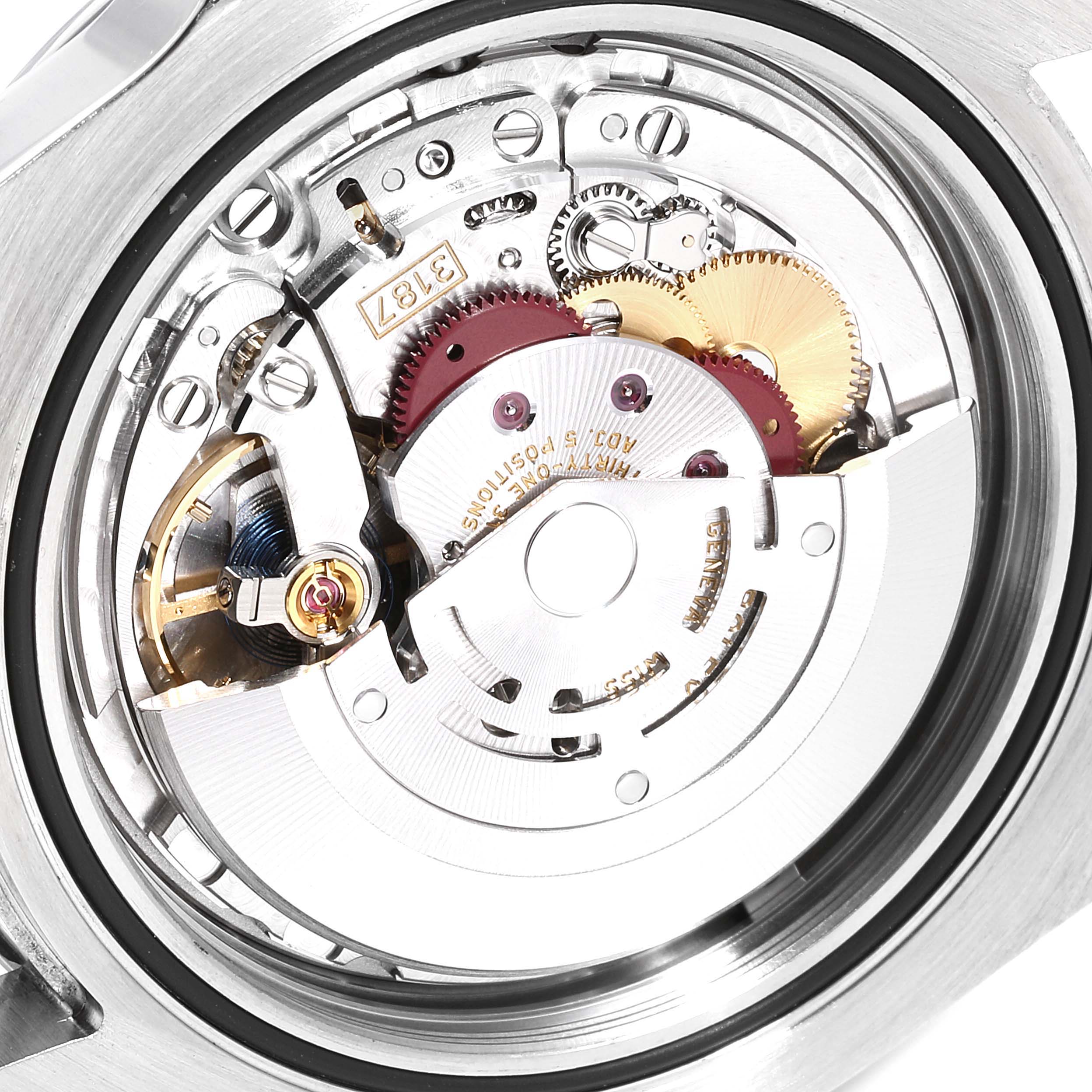 The image shows the internal mechanical movement of the Rolex Explorer 216570 Men
s Stainless Steel Black Dial 216570 Men
s Stainless Steel Black Dial, viewed from the back case.