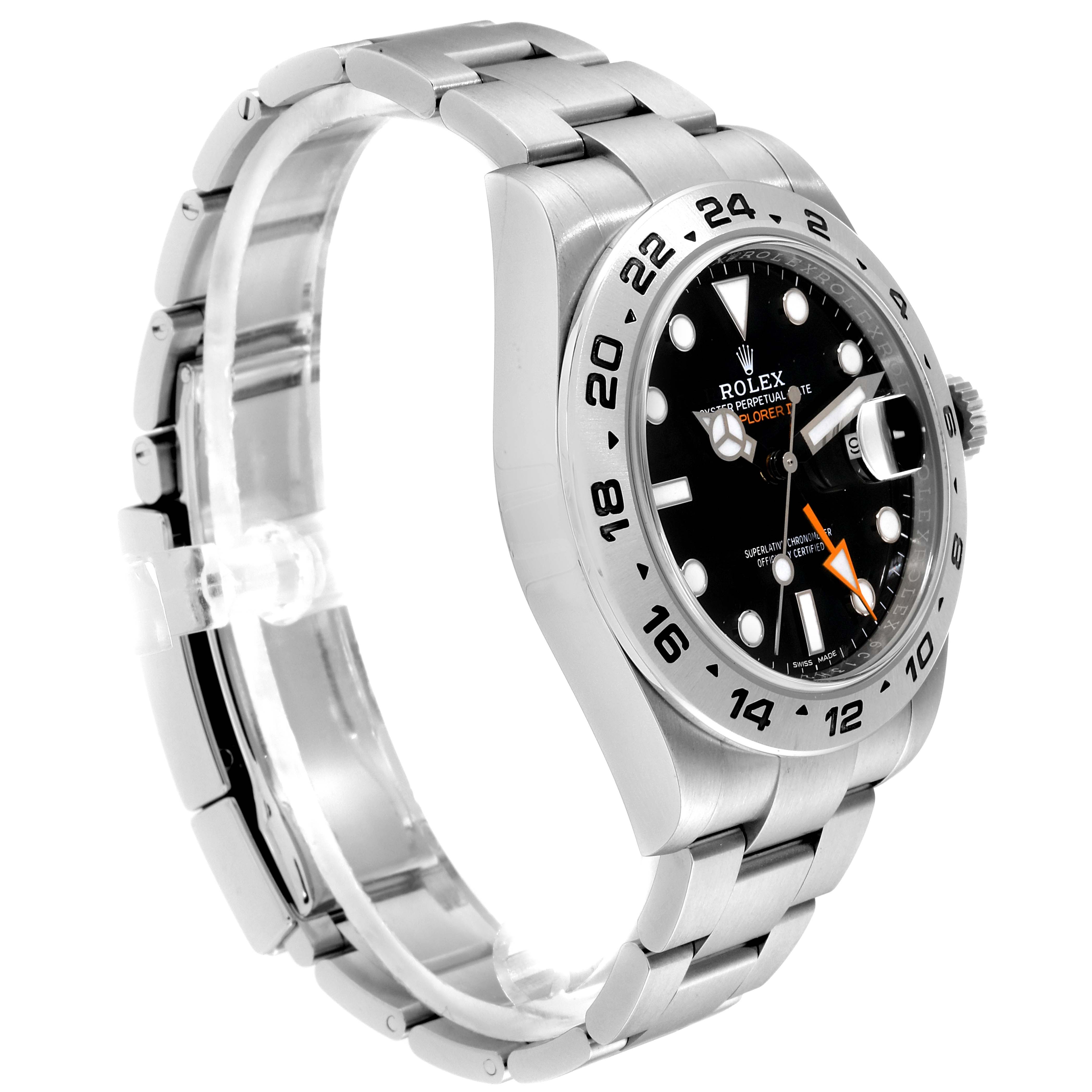 A Rolex Explorer 216570 Men
s Stainless Steel Black Dial 216570 Men
s Stainless Steel Black Dial watch is shown at a three-quarter angle, highlighting its face, bezel, case, and bracelet.