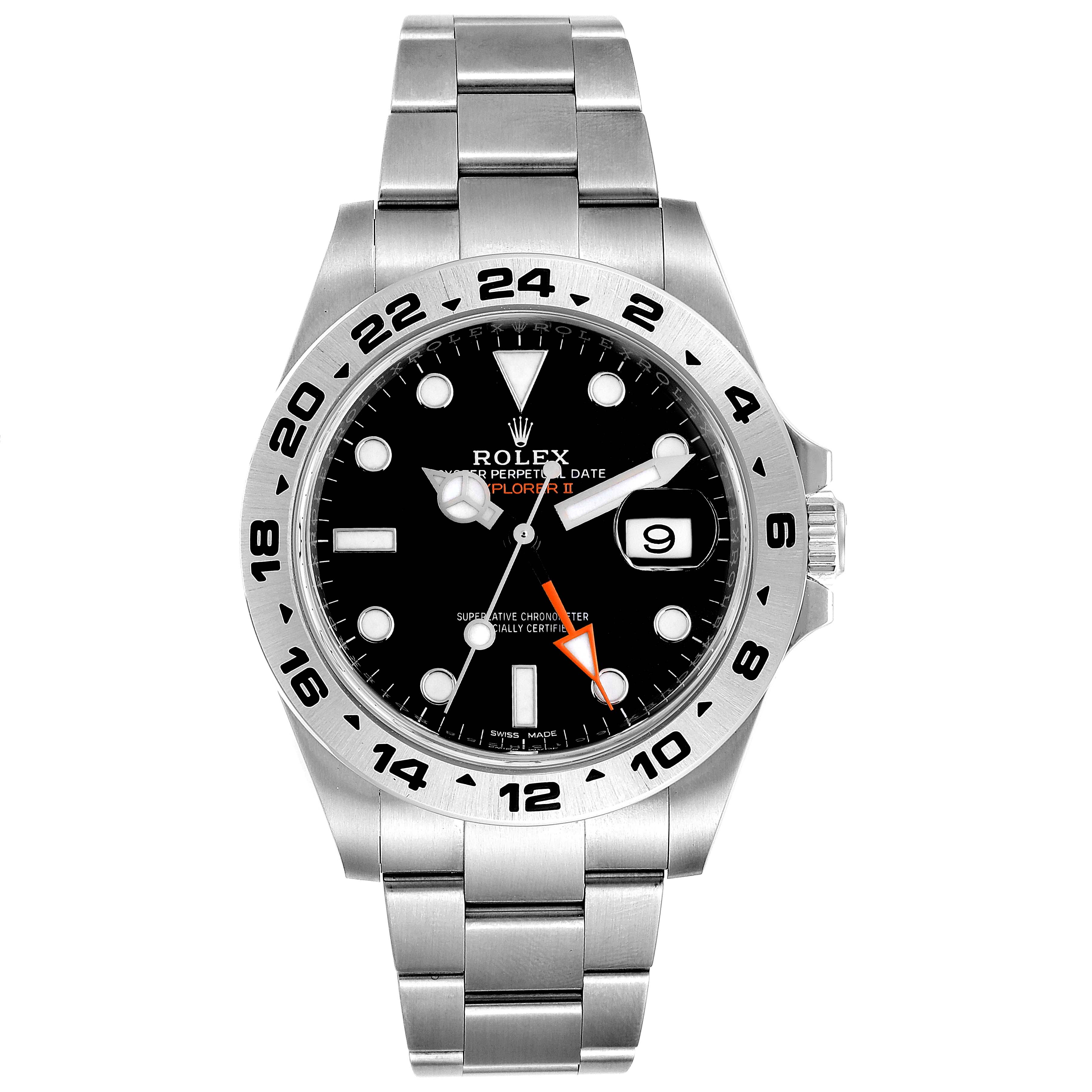 This image shows the front view of the Rolex Explorer 216570 Men
s Stainless Steel Black Dial 216570 Men
s Stainless Steel Black Dial watch, featuring its black dial, date window, and steel bracelet.