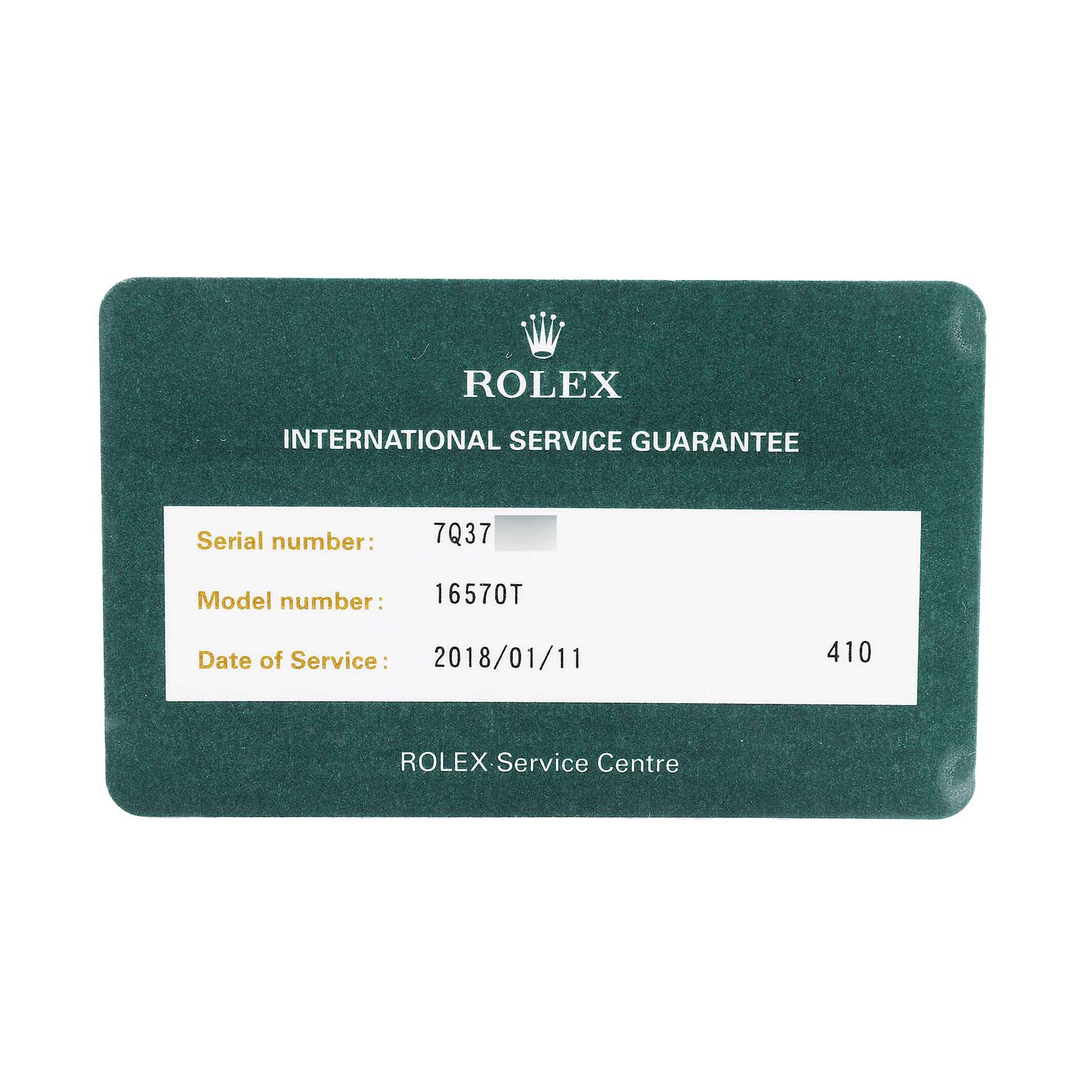 The image shows an International Service Guarantee card for the Rolex Explorer 16570 T Men's Stainless Steel White Dial model.