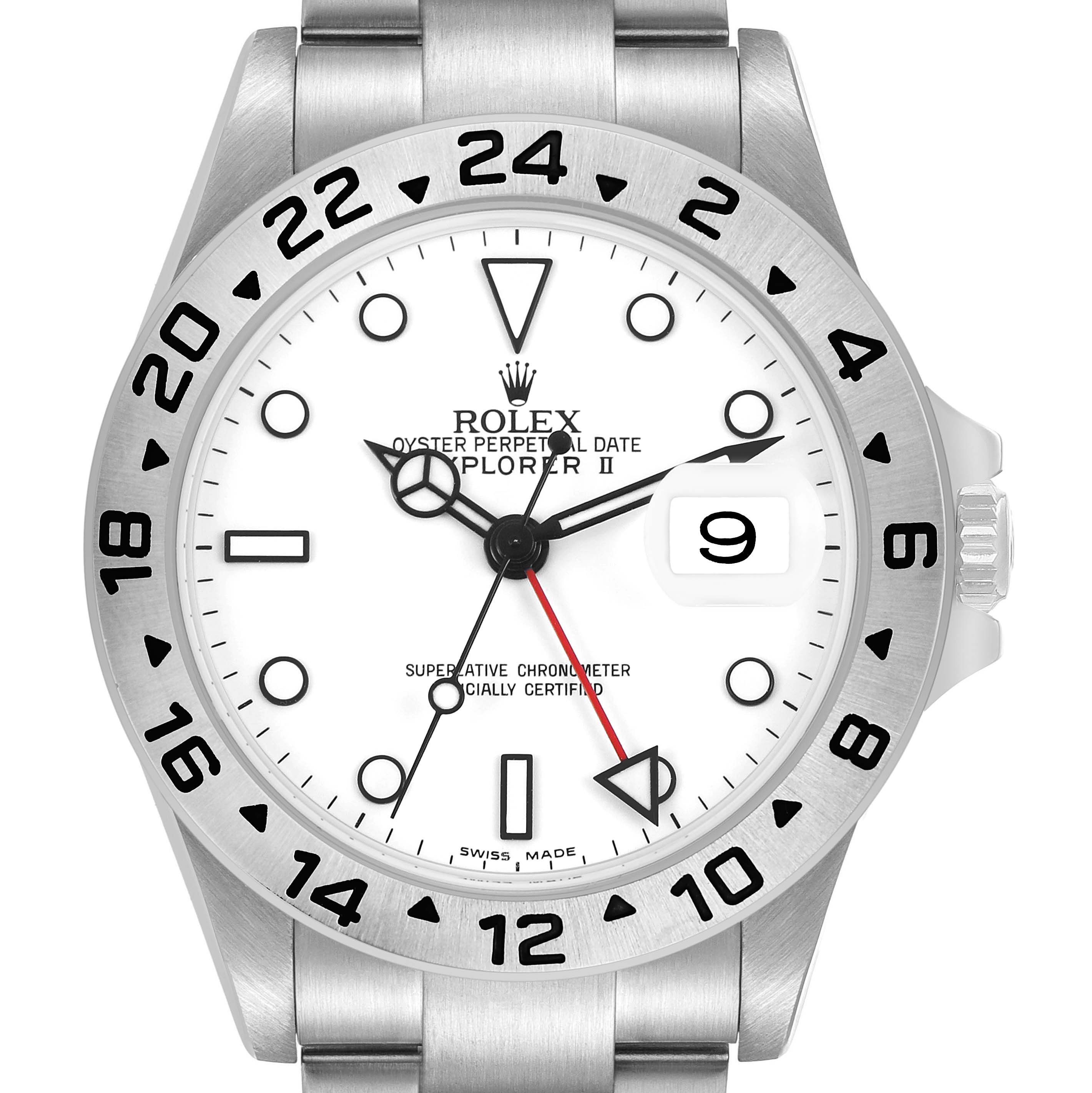 The Rolex Explorer 16570 T Men's Stainless Steel White Dial II watch is shown from a direct front view, highlighting its face, hands, bezel, and part of the bracelet.