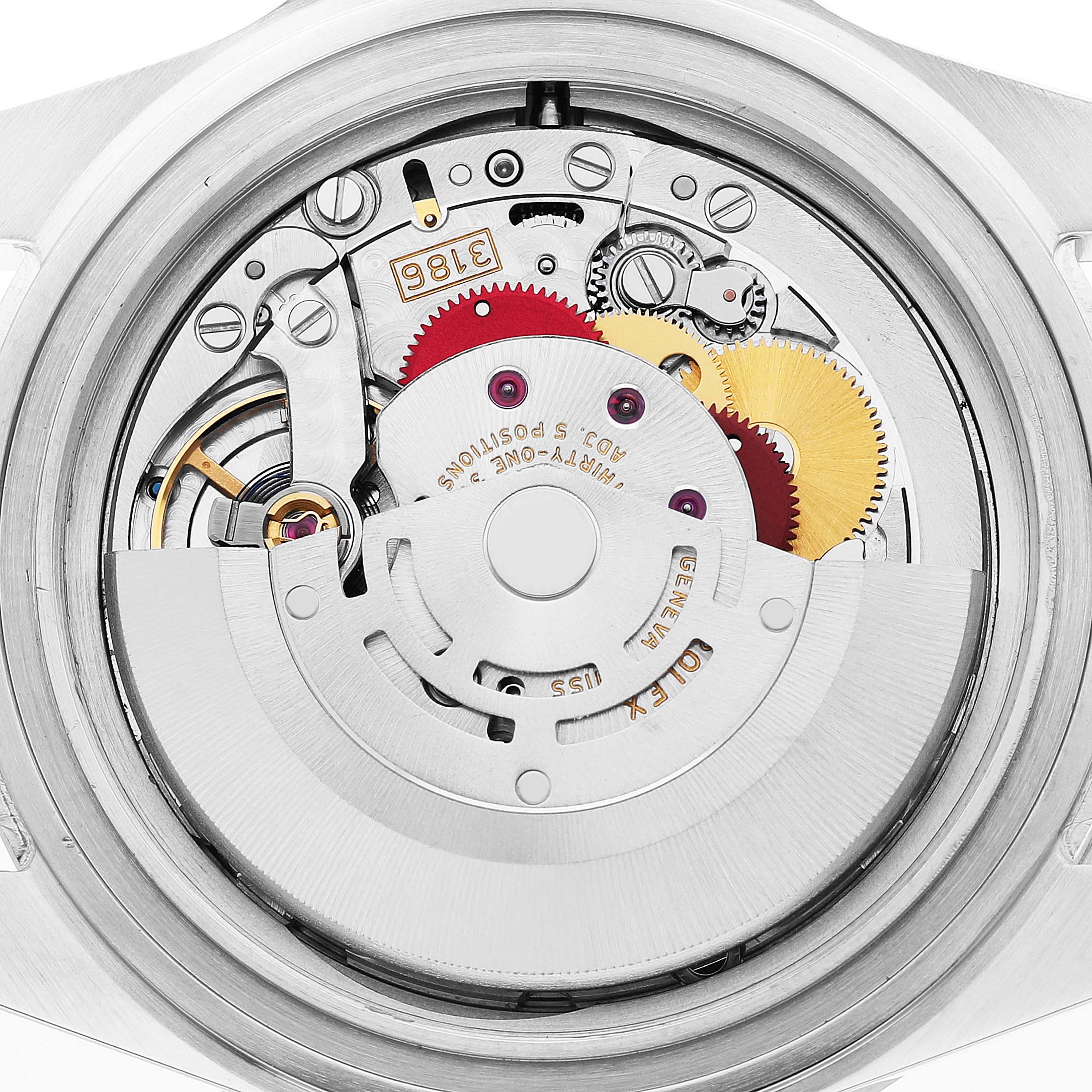 The image shows the movement of a Rolex Explorer 16570 T Men's Stainless Steel White Dial watch from a top-down angle, highlighting its intricate gears and components.