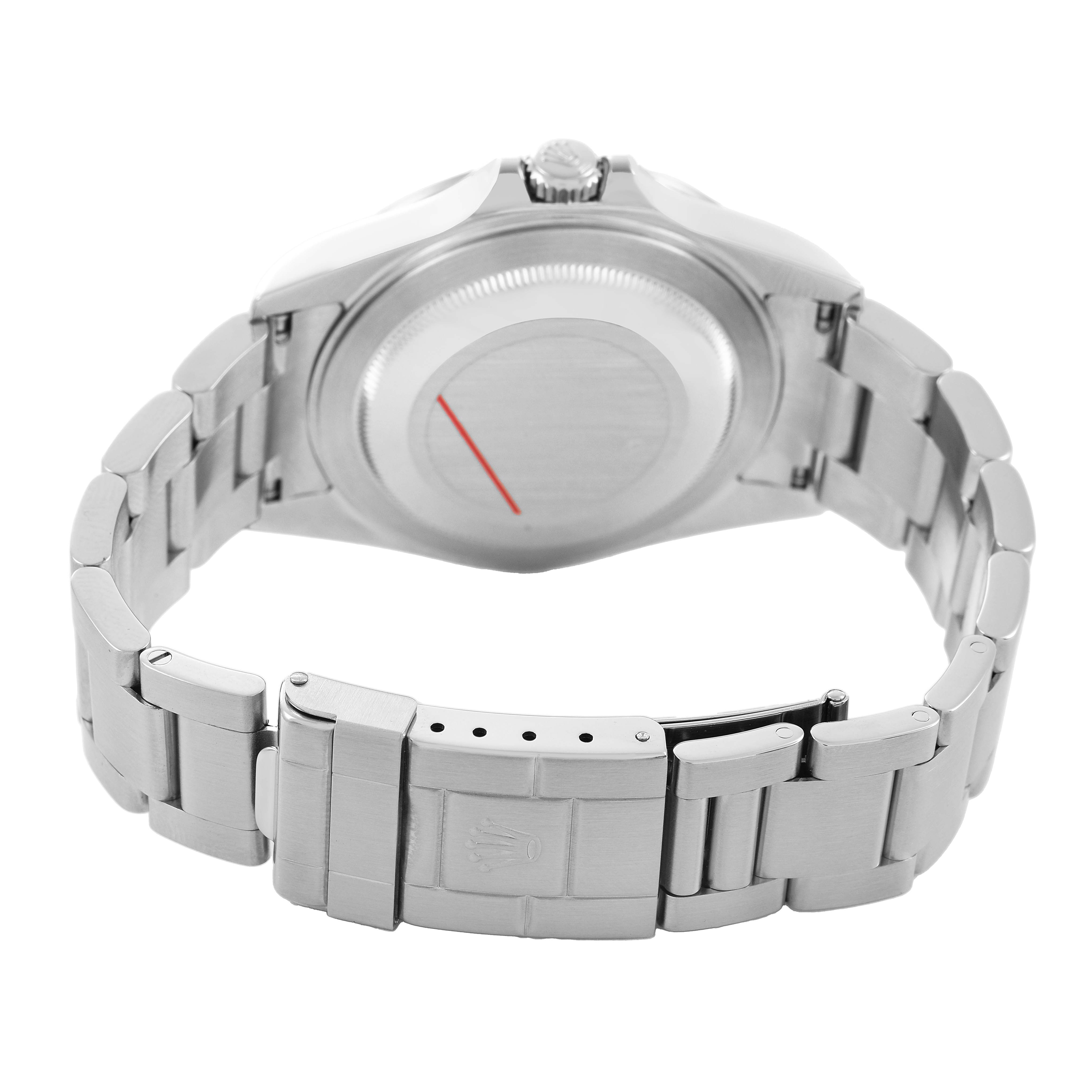 The image shows the underside of a Rolex Explorer 16570 T Men's Stainless Steel White Dial watch, highlighting the clasp and bracelet links.