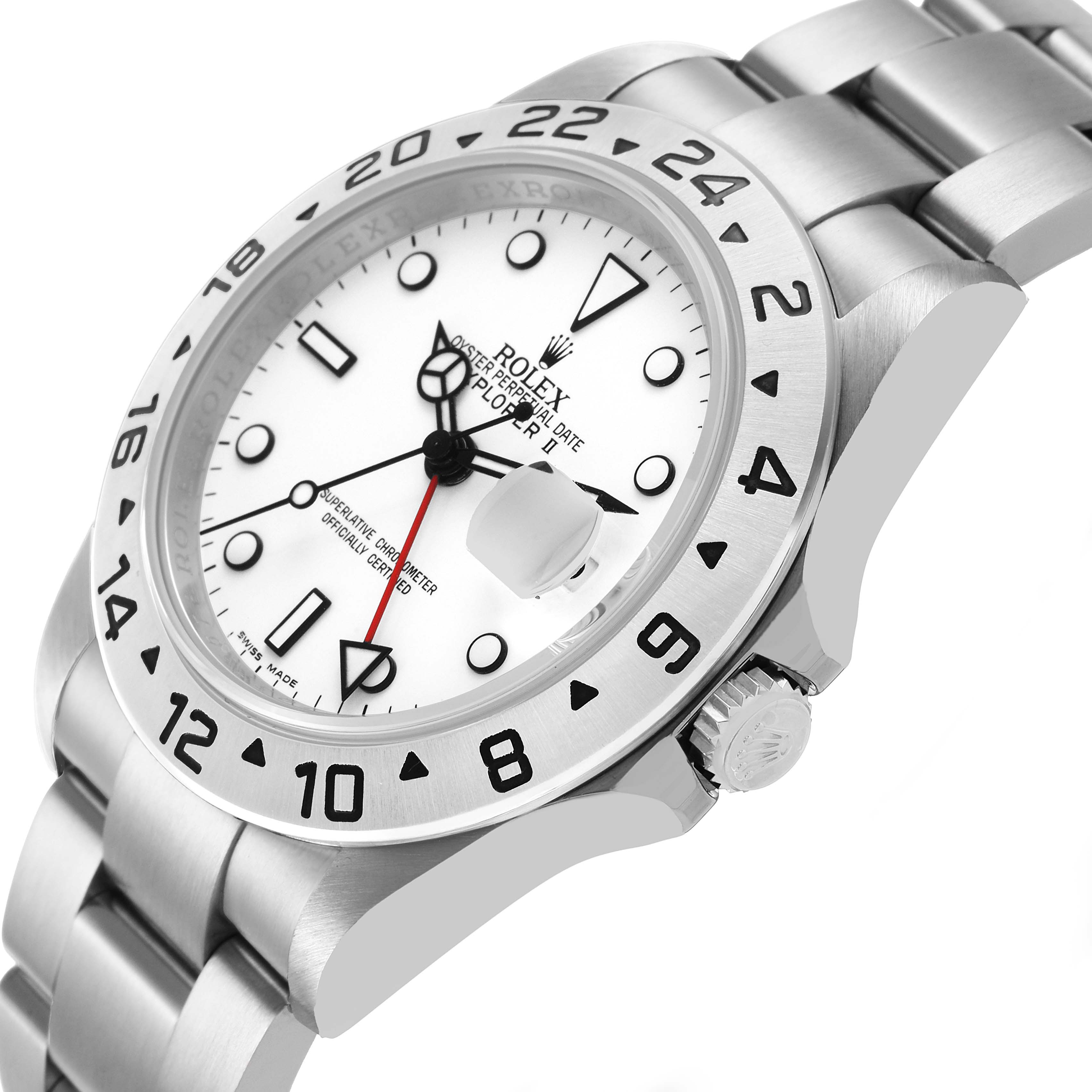 The Rolex Explorer 16570 T Men's Stainless Steel White Dial watch is shown at a slight angle, displaying the bezel, dial, and part of the bracelet.