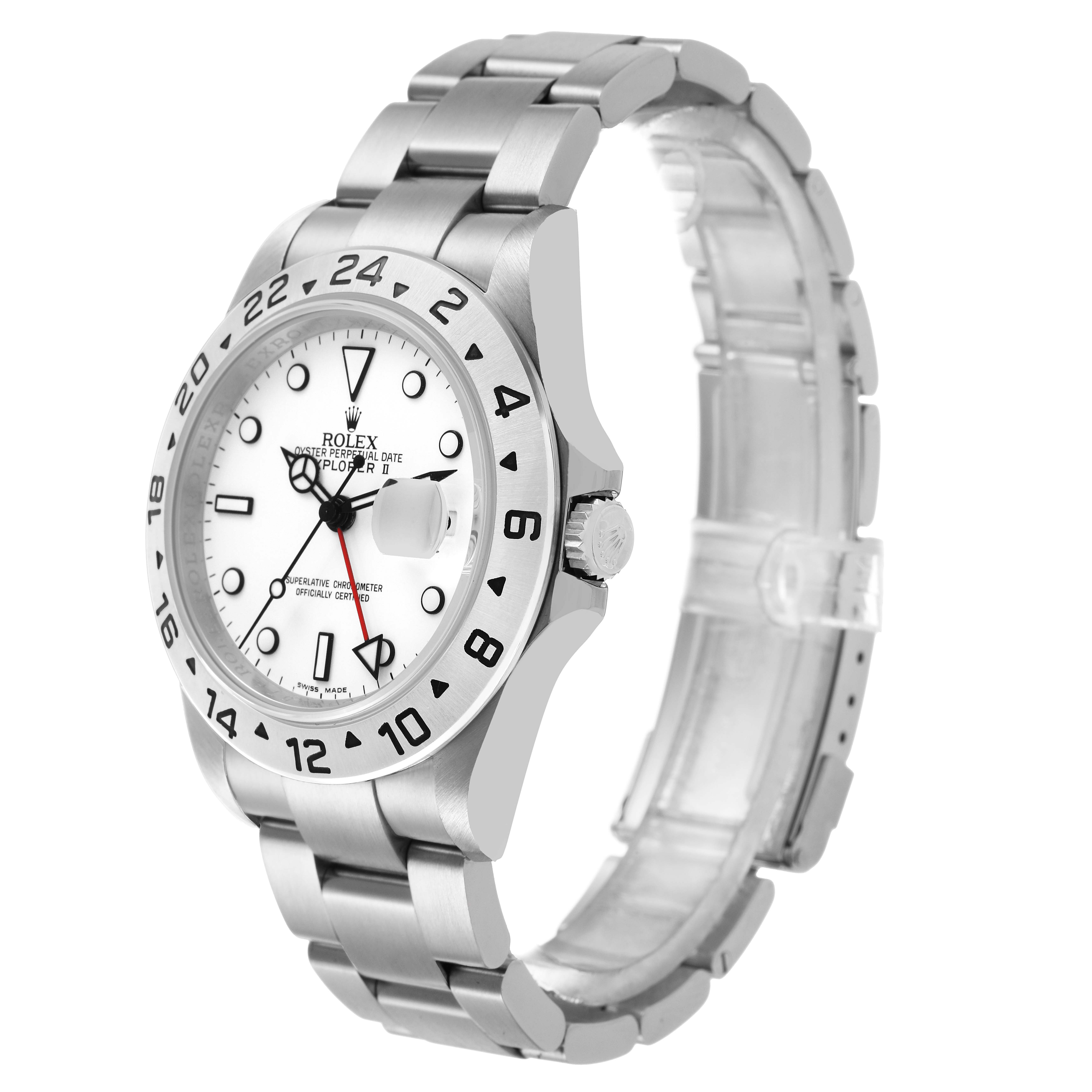 The image shows a Rolex Explorer 16570 T Men's Stainless Steel White Dial watch from a three-quarter perspective, highlighting the bezel, dial, crown, and bracelet.