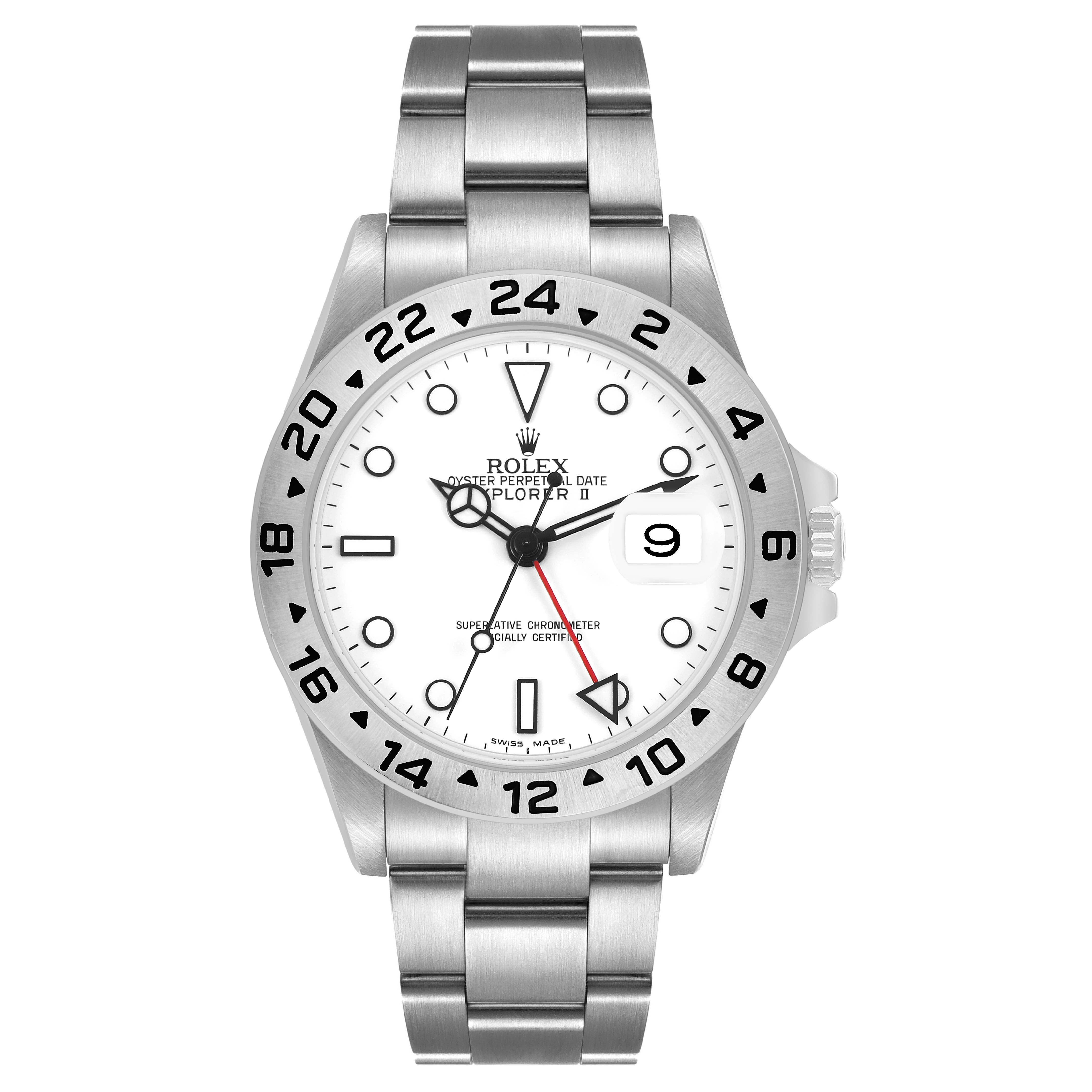 The Rolex Explorer 16570 T Men's Stainless Steel White Dial watch is shown from the front, featuring the dial, bezel, and bracelet.