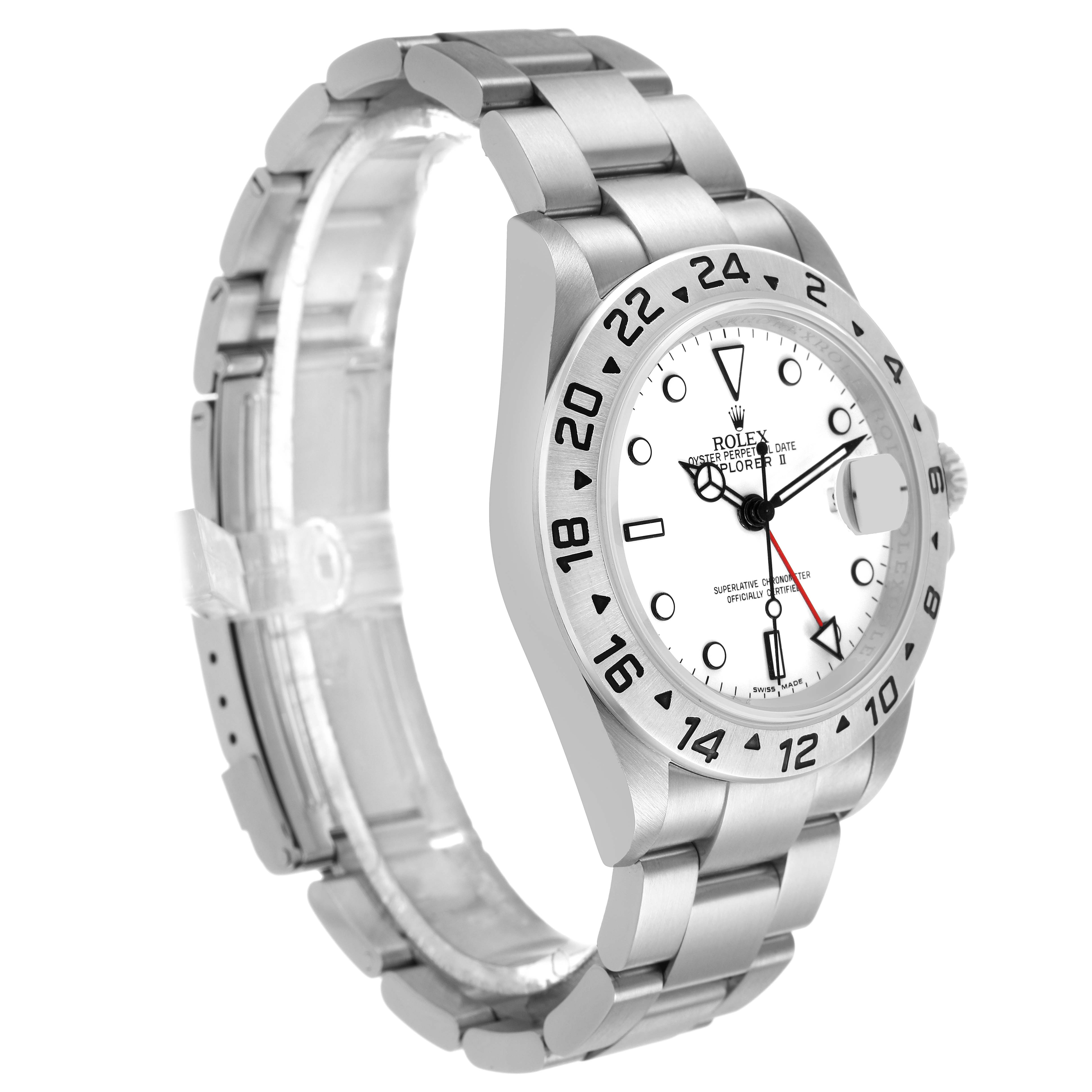 The Rolex Explorer 16570 T Men's Stainless Steel White Dial watch is shown at a three-quarter angle, displaying the face, bezel, and the side of the bracelet.
