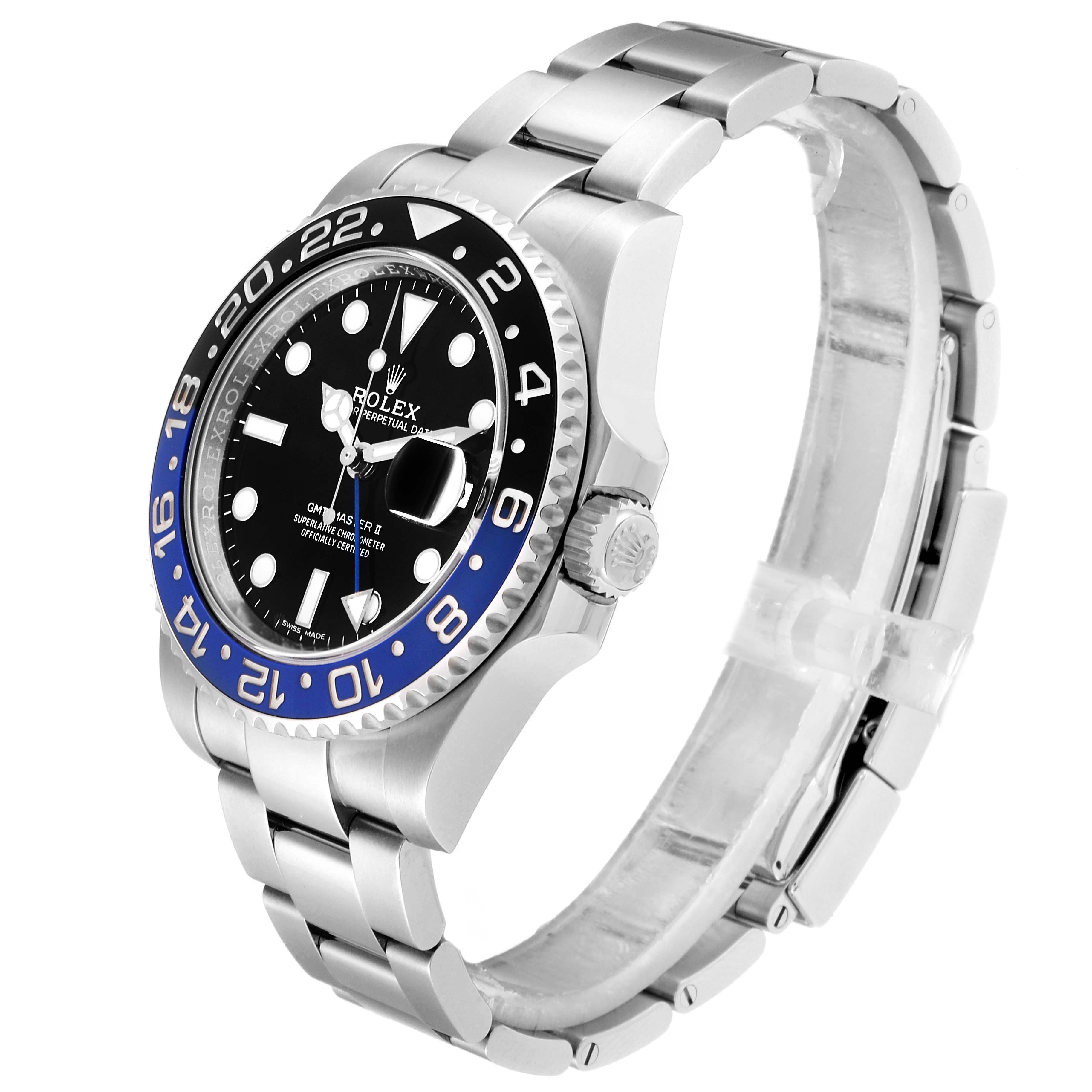 The image shows a Rolex GMT-Master 116710 Men
s Stainless Steel Black Dial 116710 Men
s Stainless Steel Black Dial watch at an angled side view, highlighting its bezel, dial, bracelet, and crown.