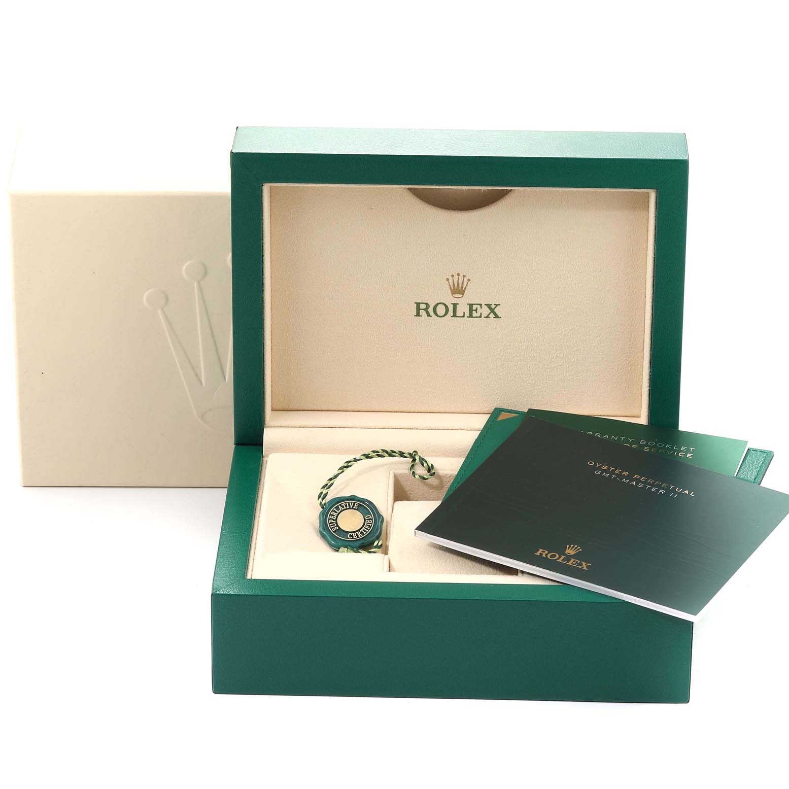 This image shows a Rolex GMT-Master 116710 Men
s Stainless Steel Black Dial 116710 Men
s Stainless Steel Black Dial watch box, including booklets, a hang tag, and the box interior.