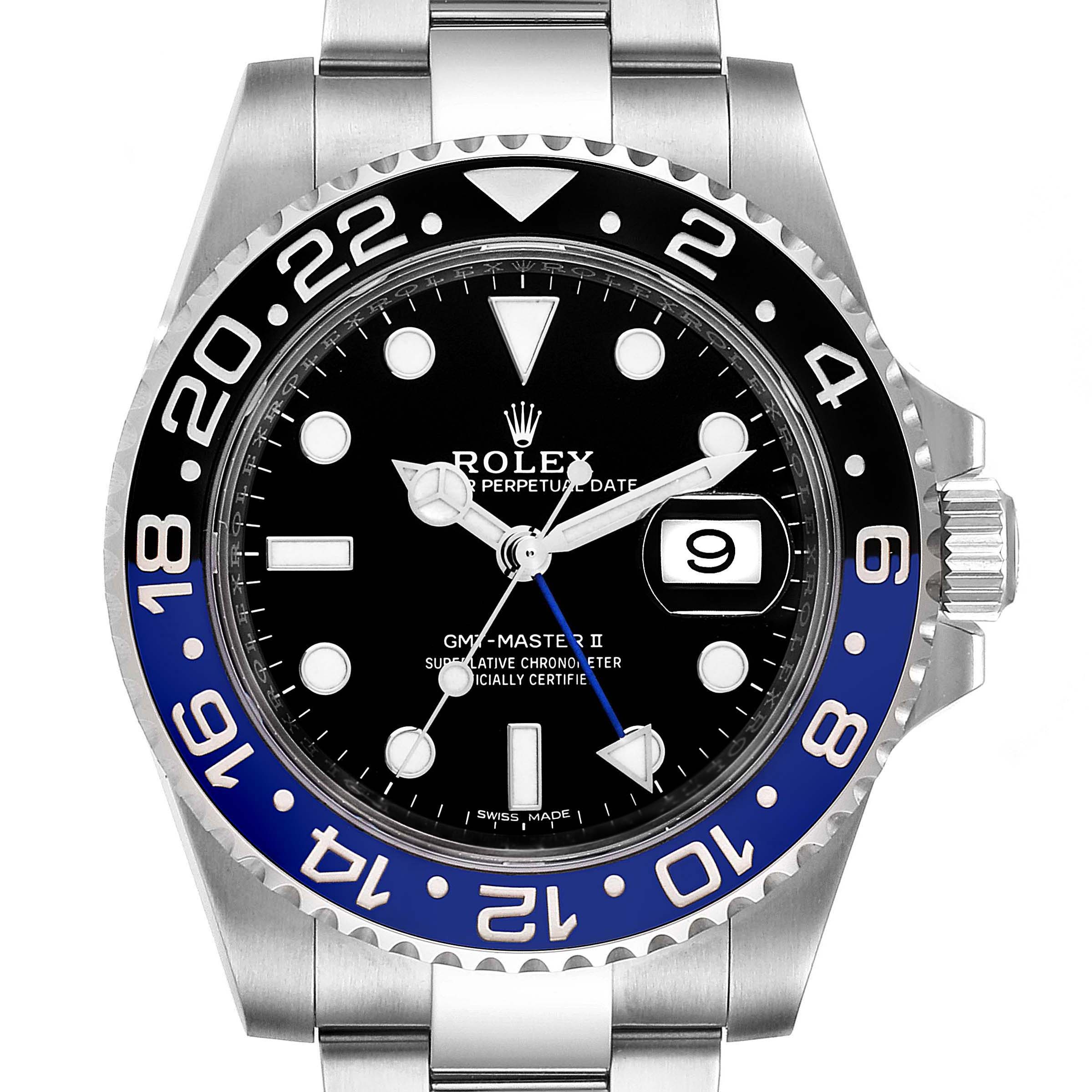 The image shows a frontal view of the Rolex GMT-Master 116710 Men
s Stainless Steel Black Dial 116710 Men
s Stainless Steel Black Dial II watch, highlighting the bezel, dial, hands, and date window.