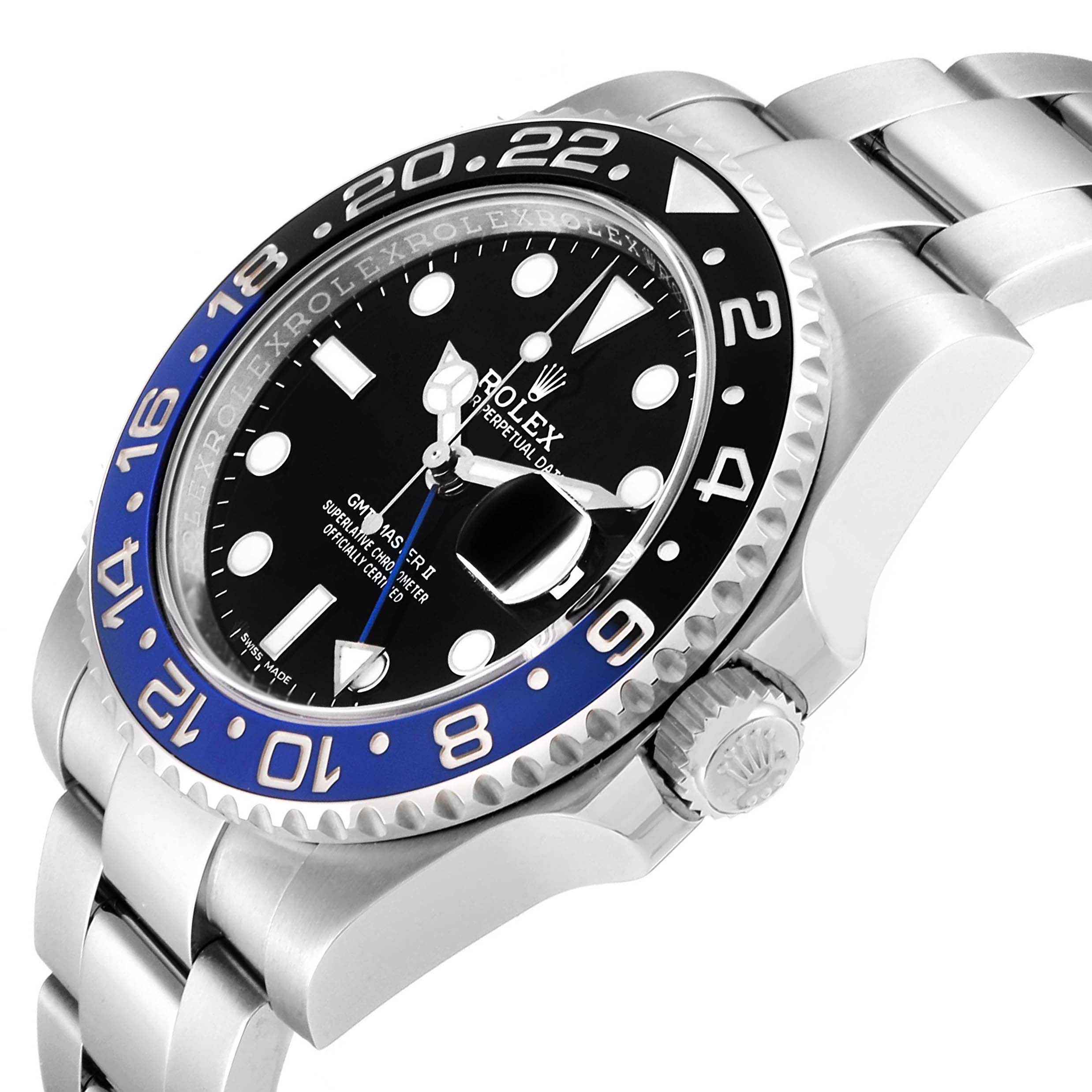 This image shows a Rolex GMT-Master 116710 Men
s Stainless Steel Black Dial 116710 Men
s Stainless Steel Black Dial watch from a side angle, highlighting the case, bezel, dial, crown, and bracelet.