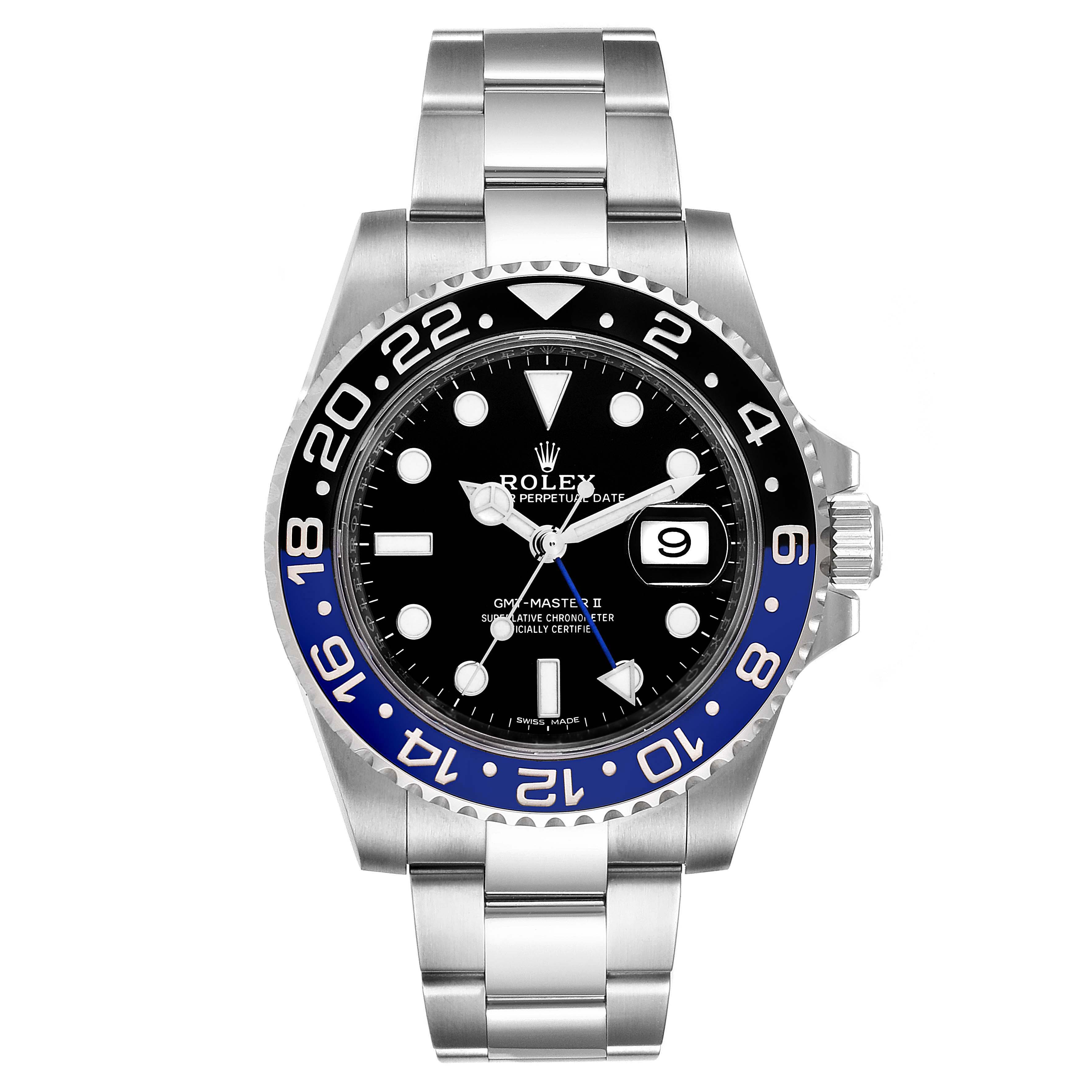 The image shows a full frontal view of a Rolex GMT-Master 116710 Men
s Stainless Steel Black Dial 116710 Men
s Stainless Steel Black Dial II watch with a black and blue bezel and a stainless steel bracelet.