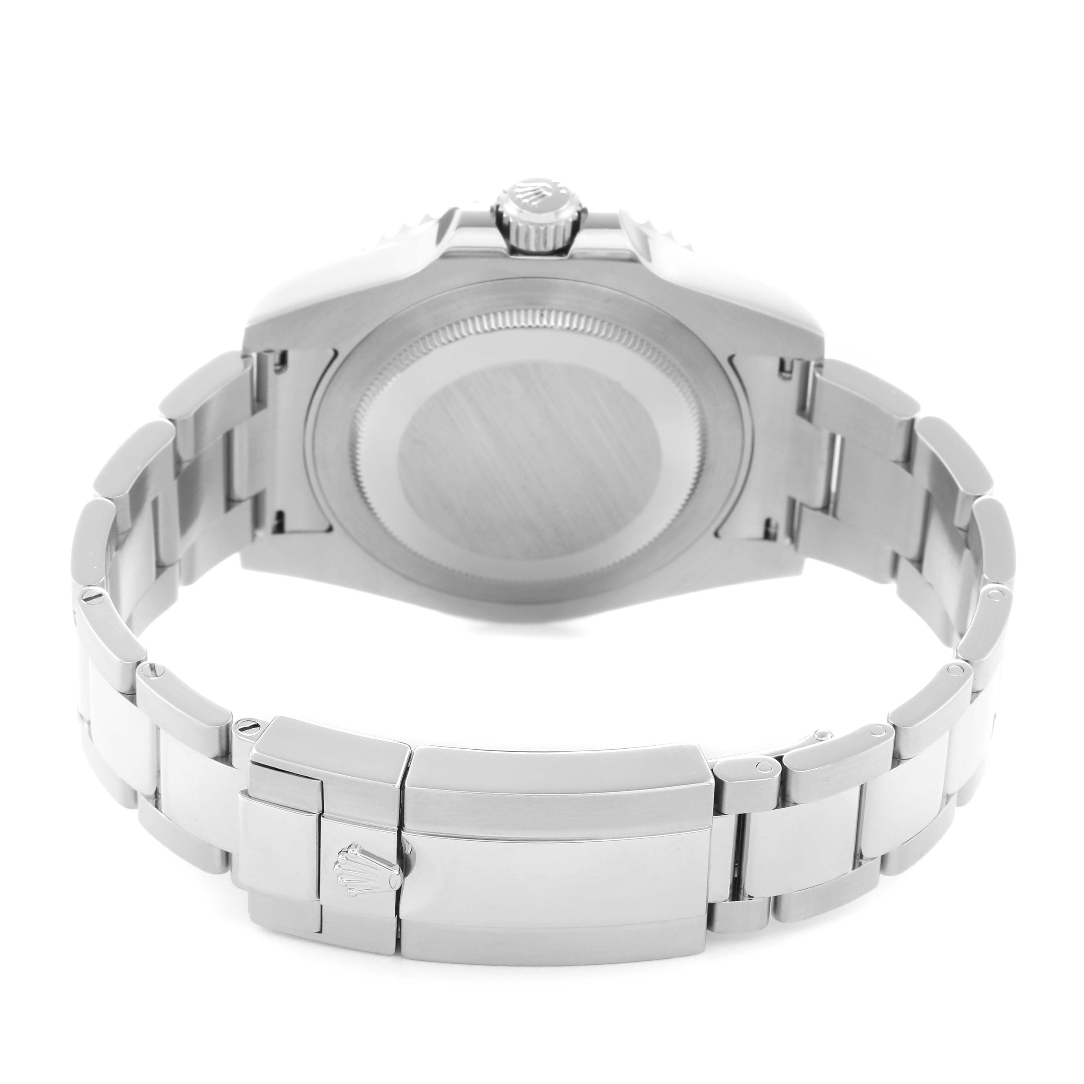 The image shows the back of the Rolex GMT-Master model 116710 men's watch, highlighting the case back, bracelet, and clasp from a rear angle.