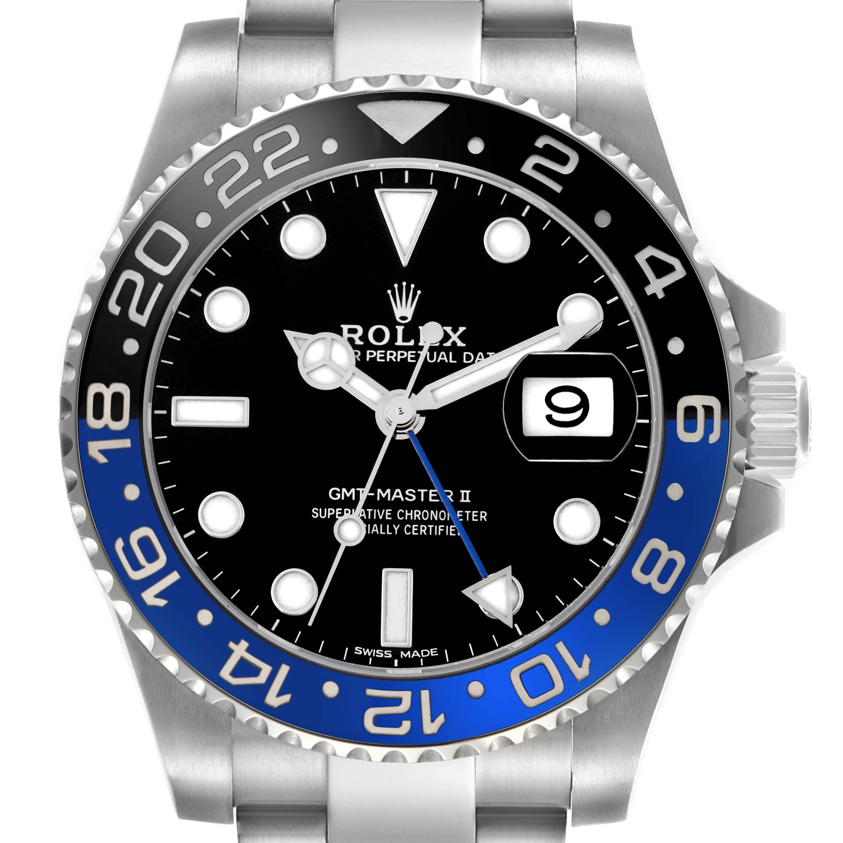 The image shows a front-facing view of the Rolex GMT-Master II, model 116710, highlighting its black and blue bezel, dial, and silver hands.