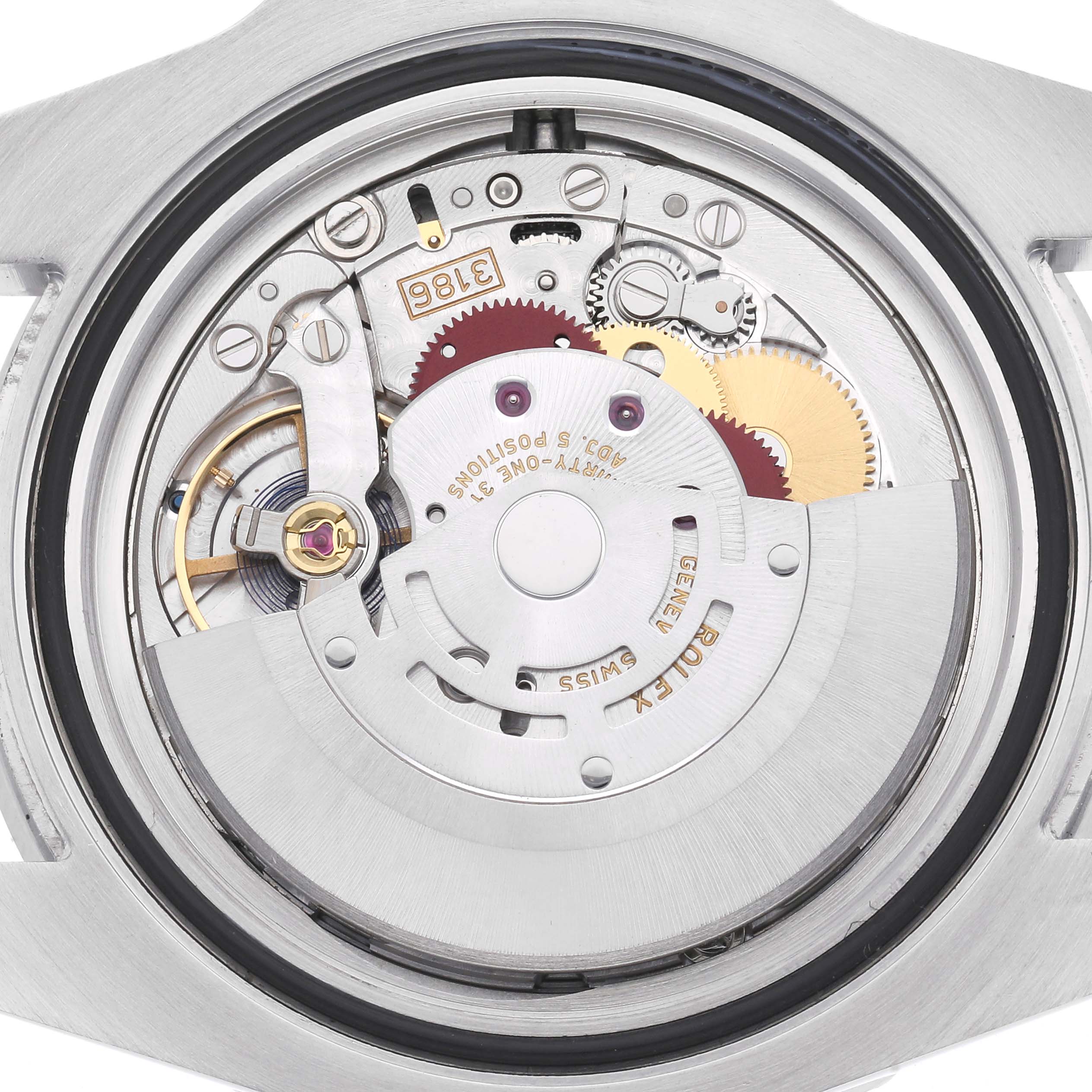 The image shows the back view of the Rolex GMT-Master model 116710, highlighting the movement and internal mechanisms.