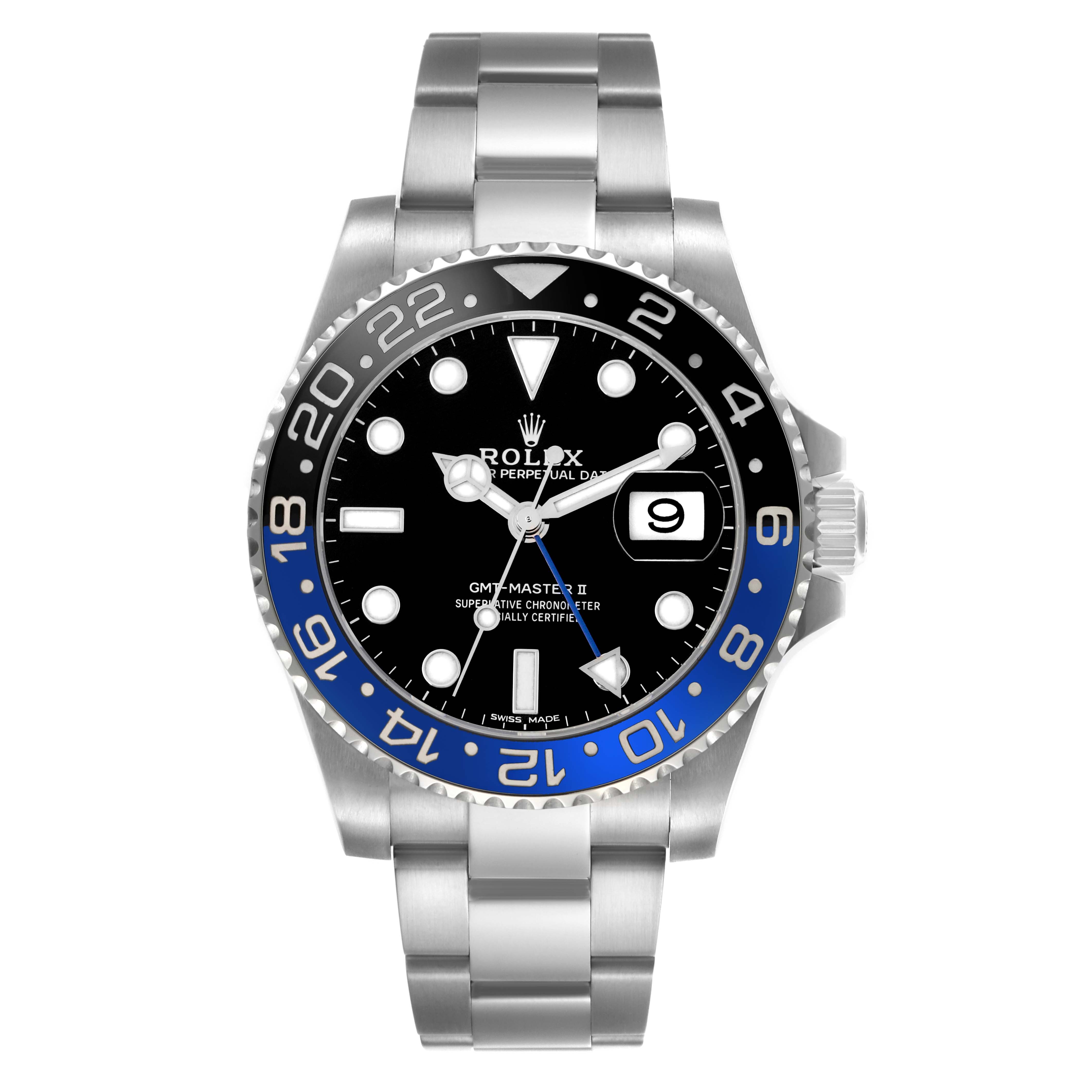 The Rolex GMT-Master model 116710 is shown from a frontal angle, highlighting its dial, bezel, and bracelet.