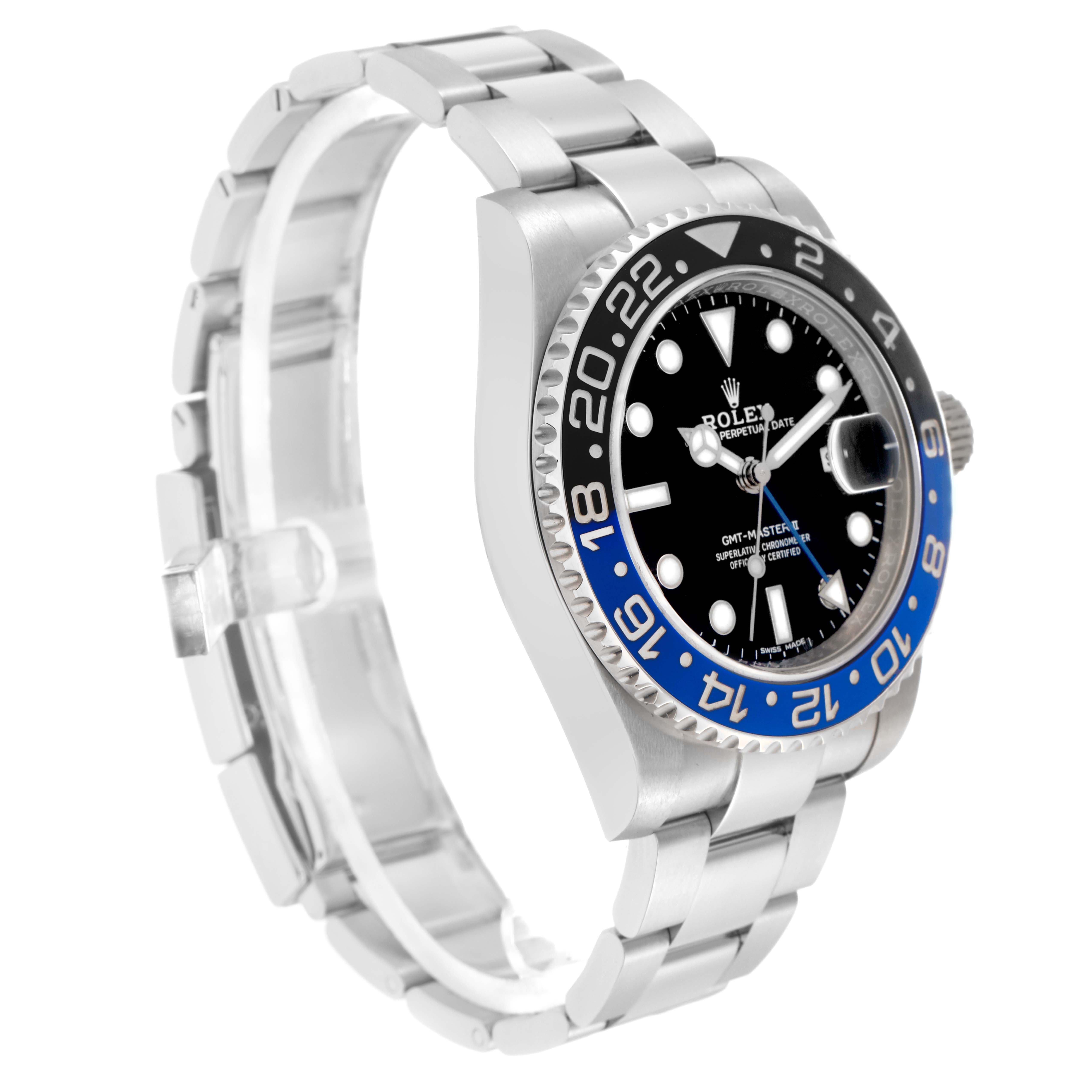 The image shows a side view of the Rolex GMT-Master model 116710, displaying the bezel, dial, crown, and bracelet.