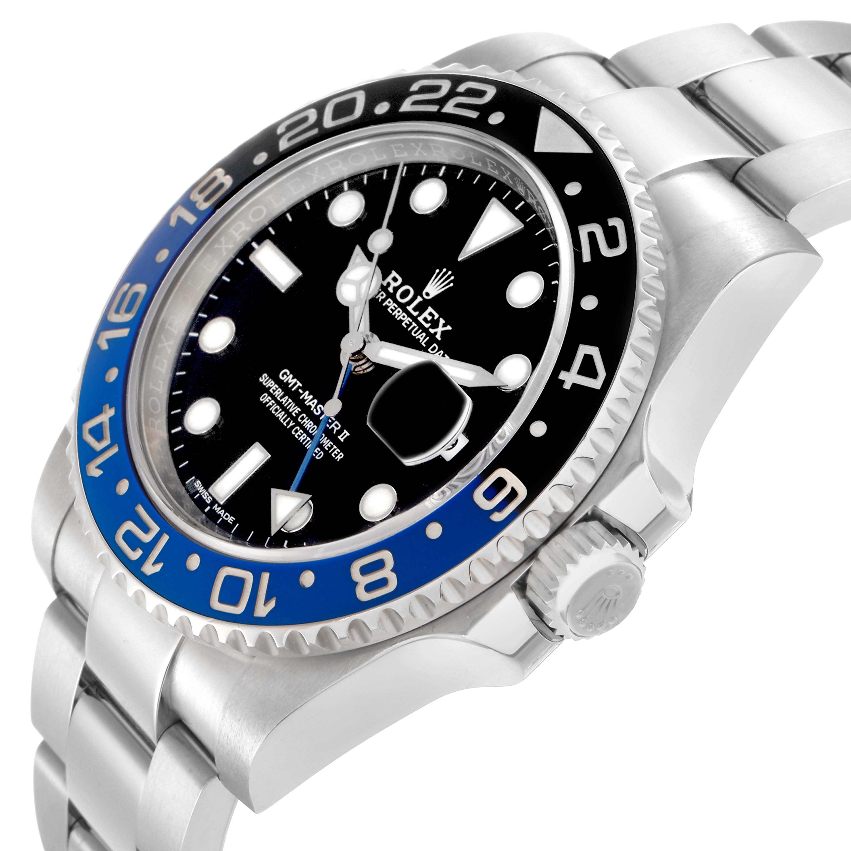 The Rolex GMT-Master II model 116710 is shown from a side angle, highlighting the bezel, dial, case, and partial bracelet.