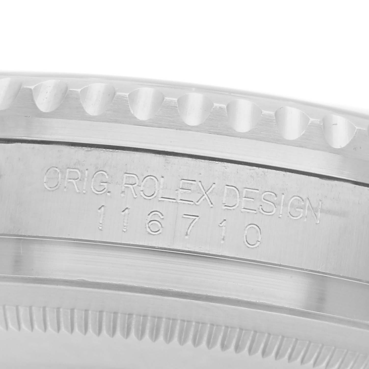 The image shows a close-up of the side of a Rolex GMT-Master model 116710 watch, highlighting the engraved design and model number.