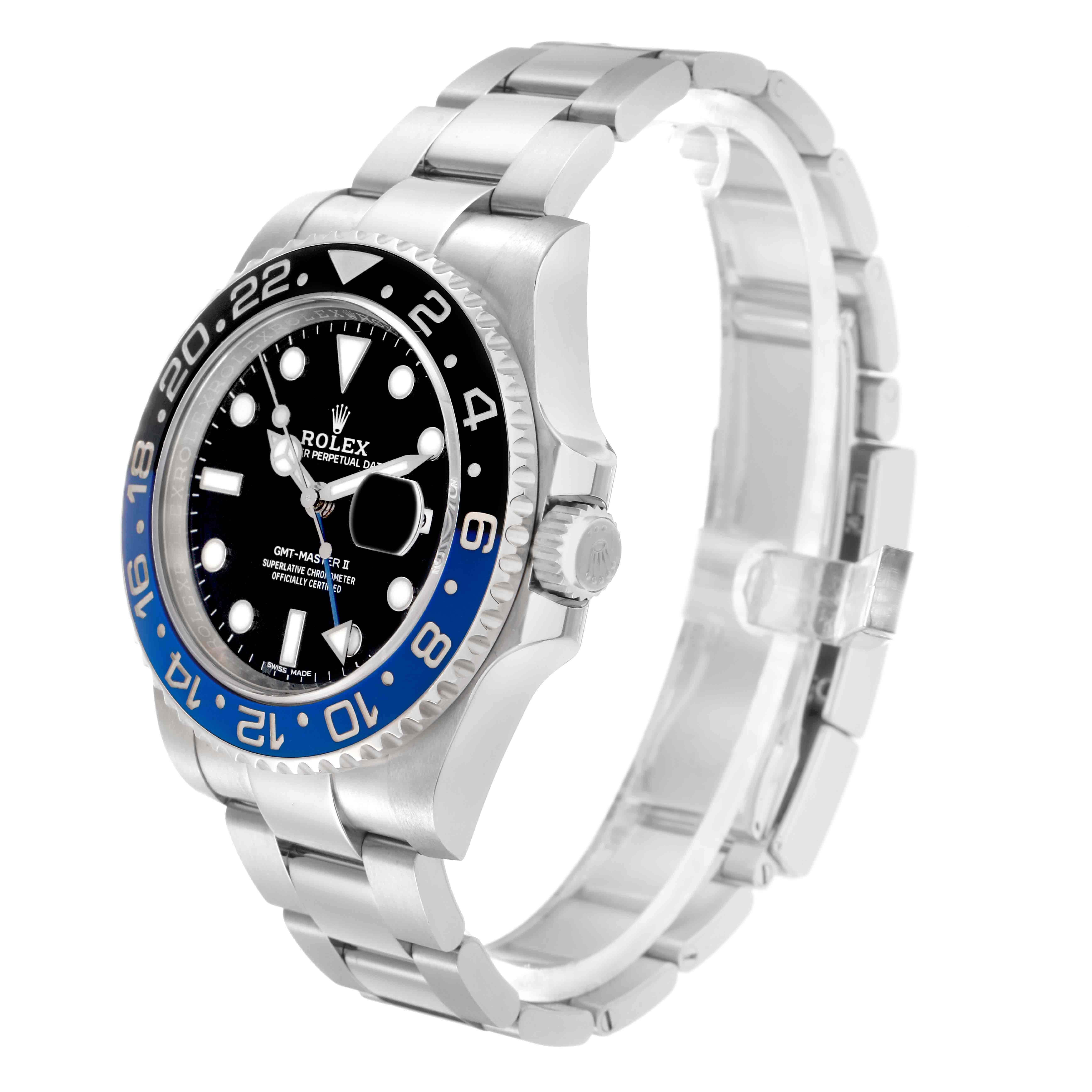 The Rolex GMT-Master model 116710 is shown at a three-quarter angle, highlighting its bezel, dial, crown, and bracelet.