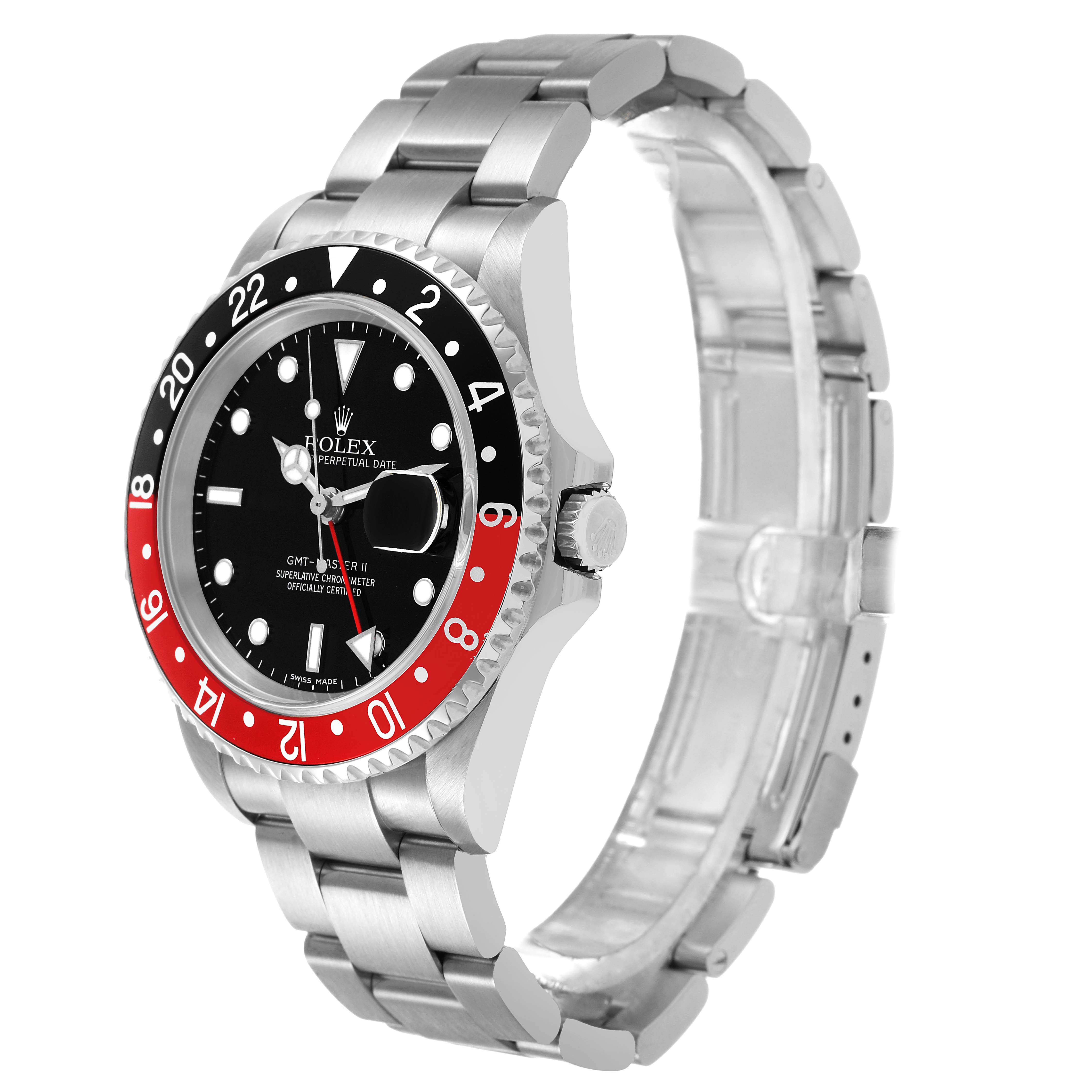 The Rolex GMT-Master 16710 Men's Stainless Steel Black Dial watch is shown at a three-quarter angle, highlighting the bezel, dial, crown, and bracelet.