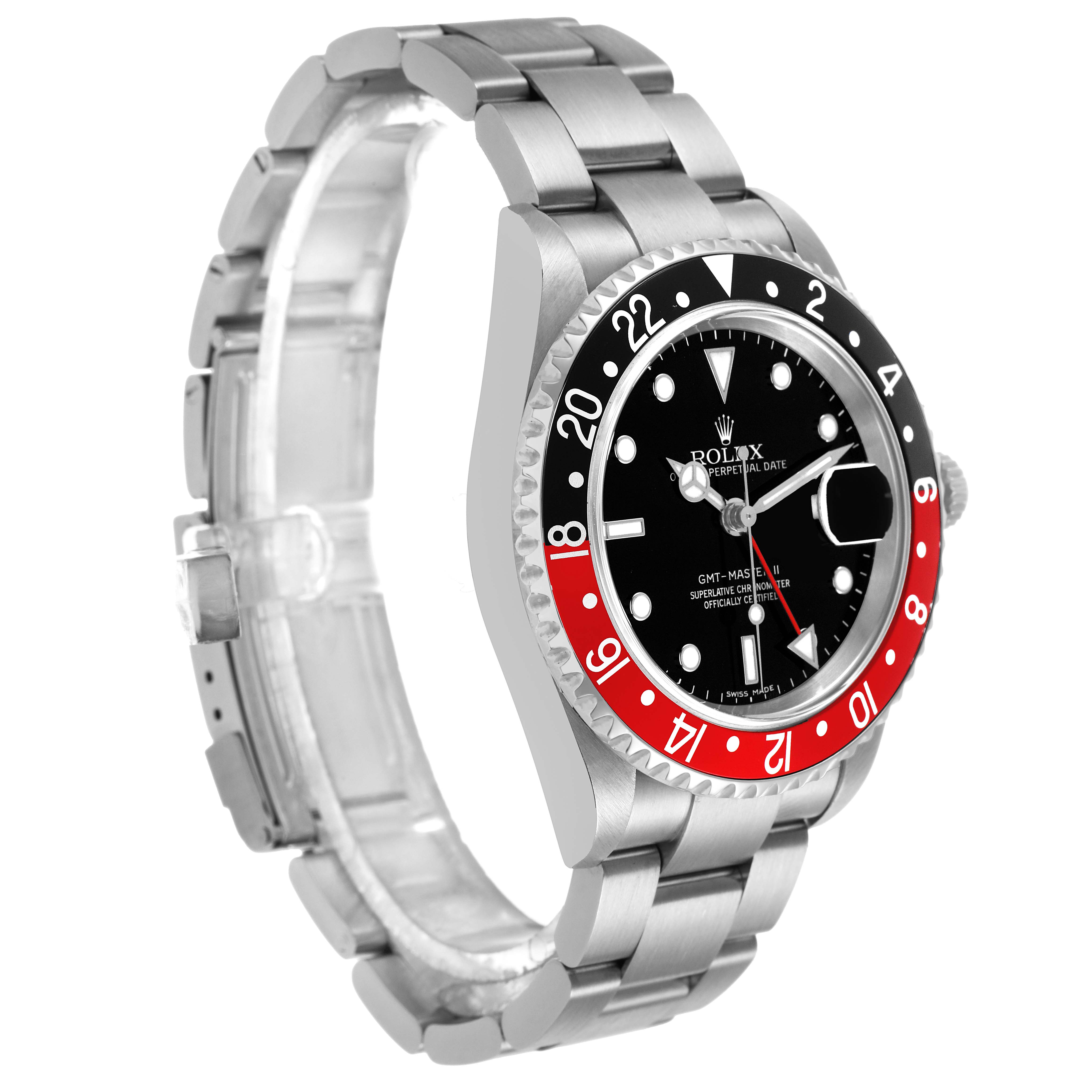 The Rolex GMT-Master 16710 Men's Stainless Steel Black Dial watch is shown at a three-quarter angle, featuring the bezel, dial, and stainless steel bracelet.