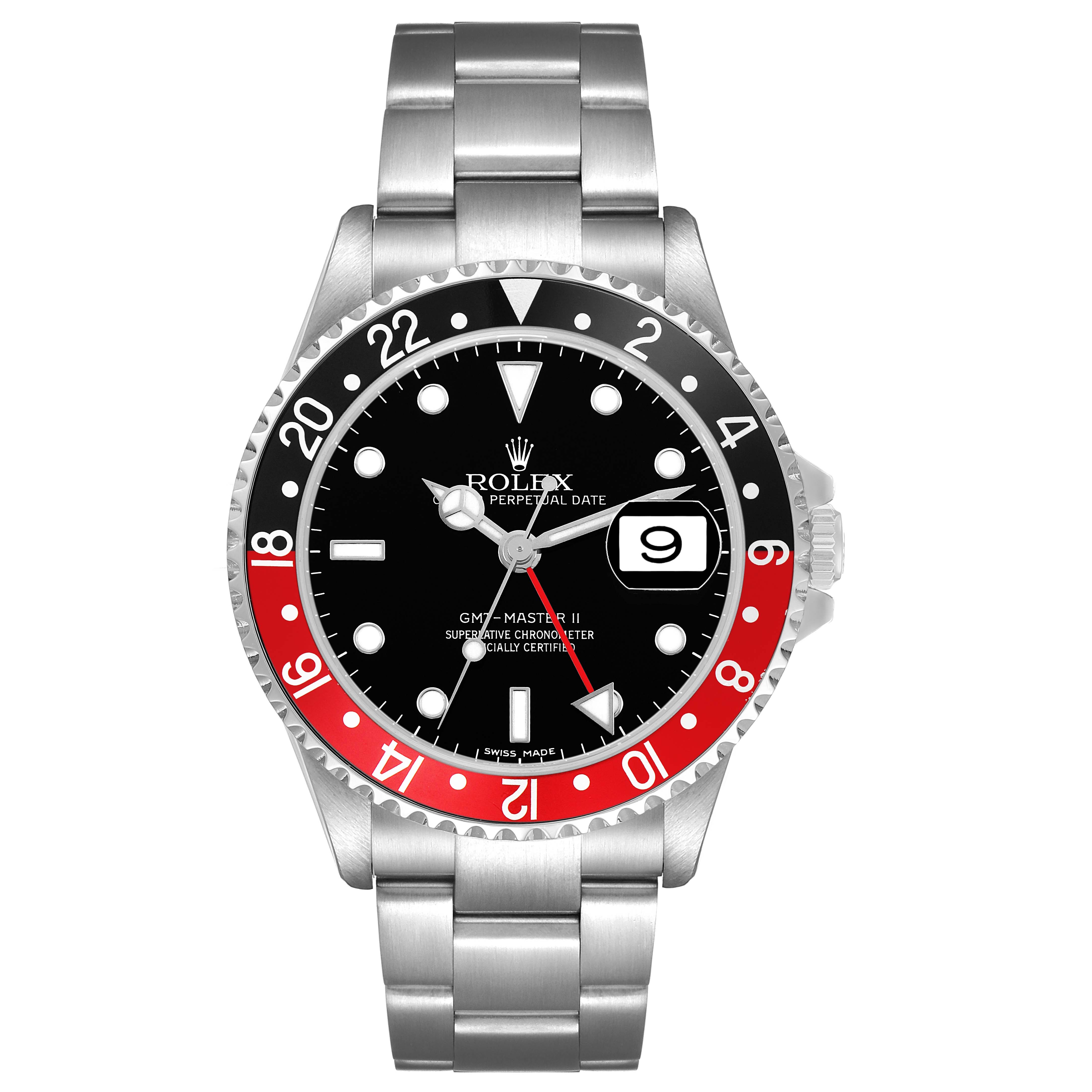 The Rolex GMT-Master 16710 Men's Stainless Steel Black Dial watch is shown from the front, featuring its bezel, dial, hands, bracelet, and date window.
