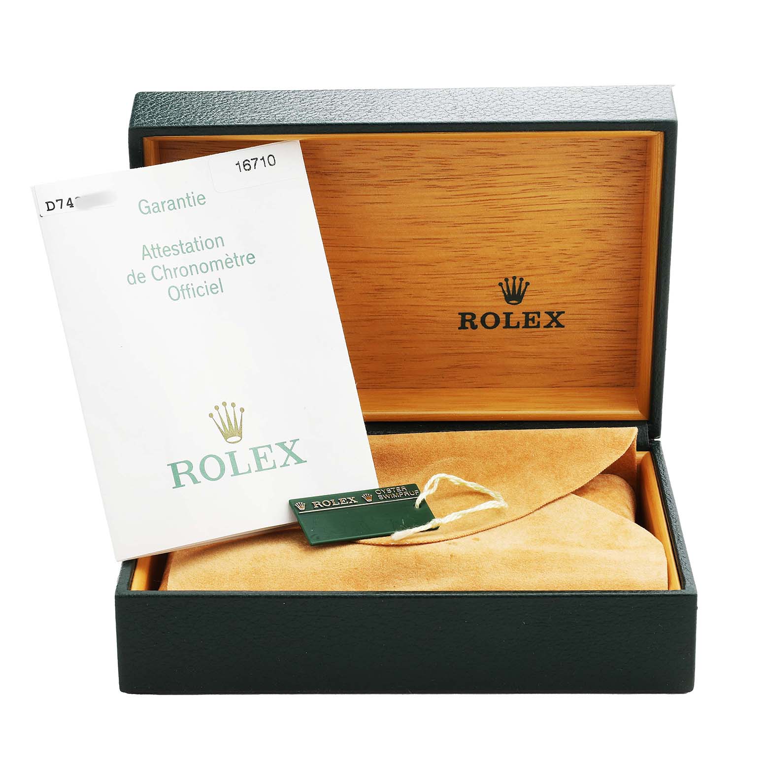 The image shows a Rolex GMT-Master 16710 Men's Stainless Steel Black Dial box with a warranty card and tag, viewed from above.
