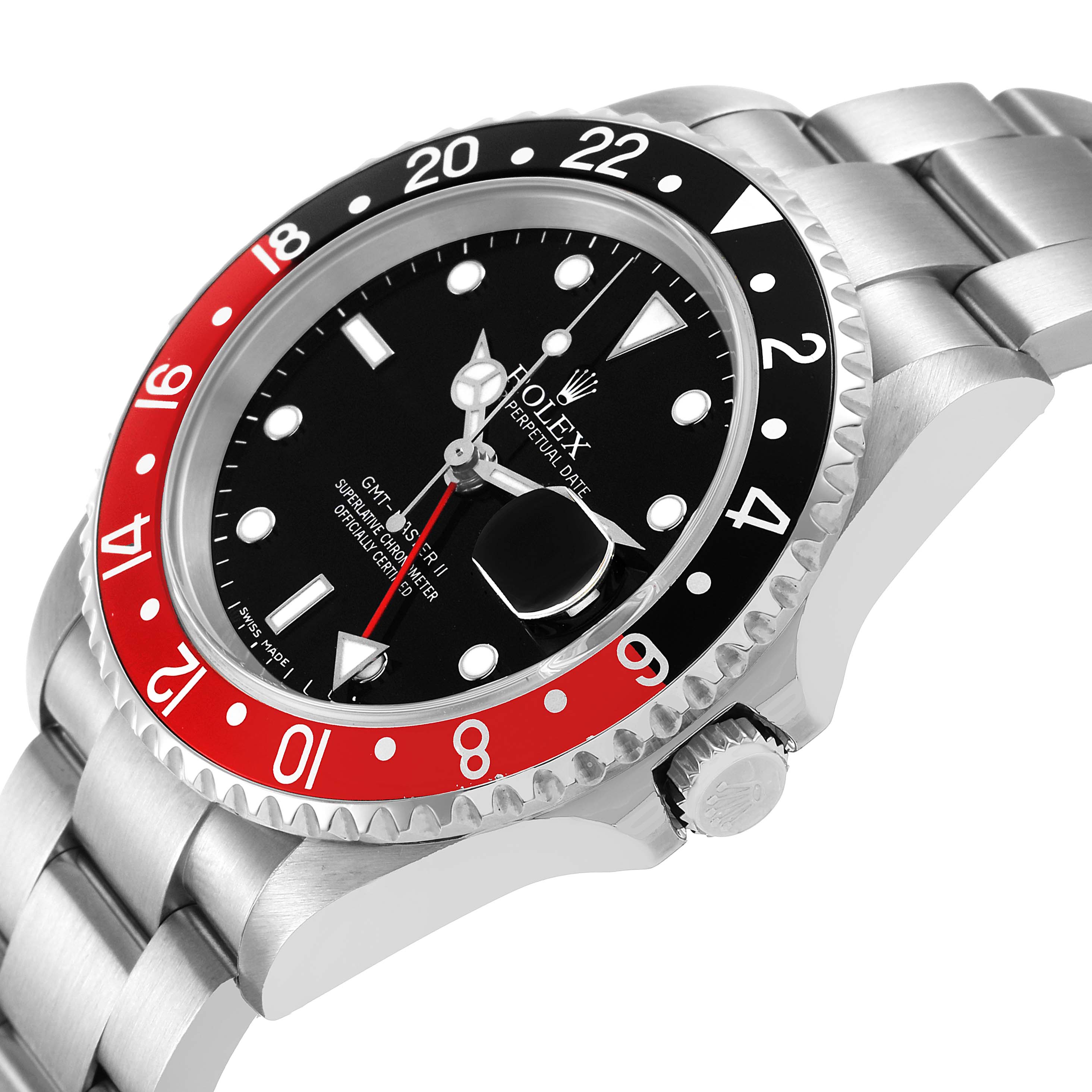 The Rolex GMT-Master 16710 Men's Stainless Steel Black Dial watch is shown at an angled side view, highlighting the bezel, face, crown, and part of the bracelet.