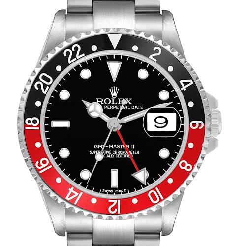 The Rolex GMT-Master 16710 Men's Stainless Steel Black Dial is shown from a front angle, highlighting the dial, bezel, and part of the stainless steel bracelet.