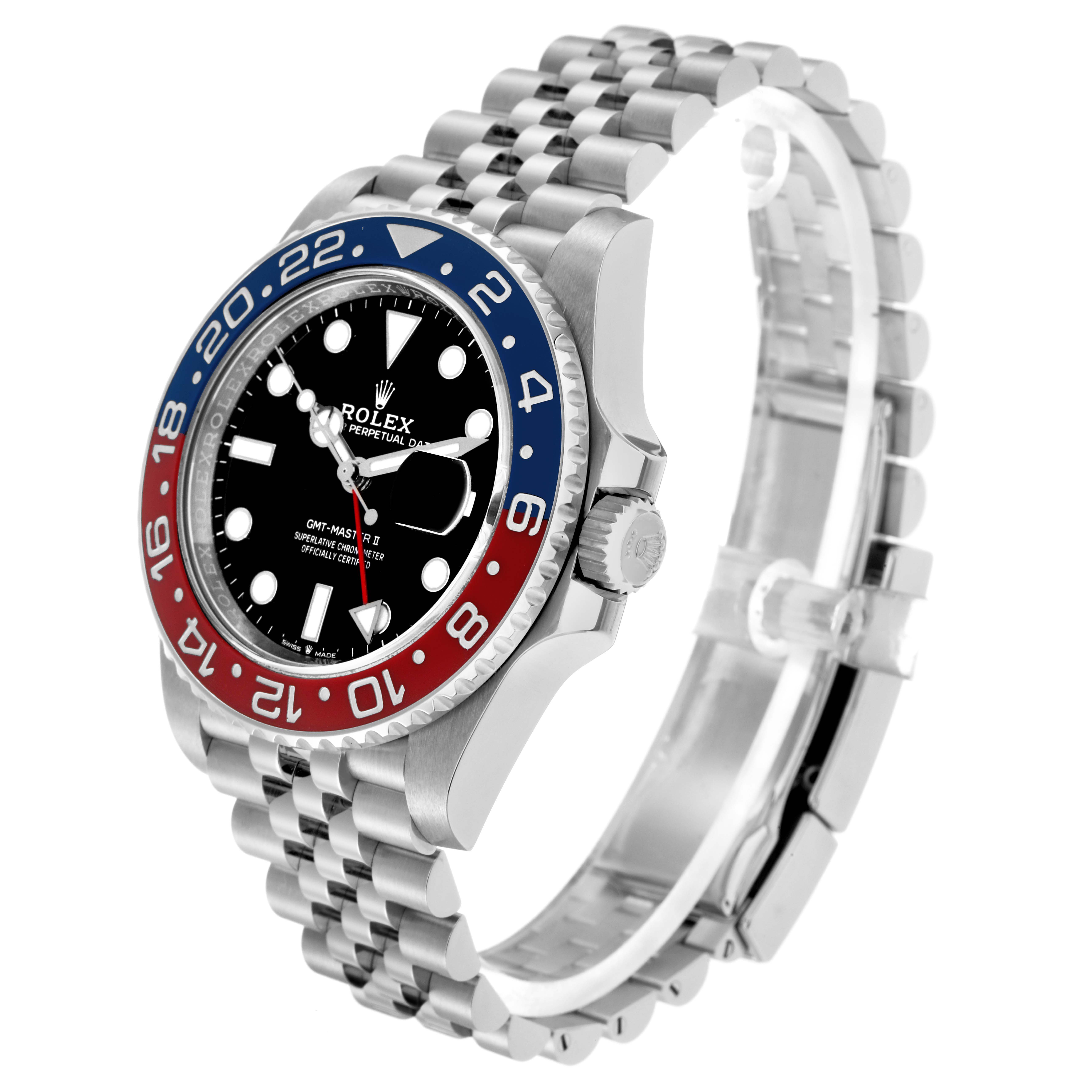 The Rolex GMT-Master model 126710BLRO is shown at an angle highlighting its bezel, dial, crown, and part of the bracelet.