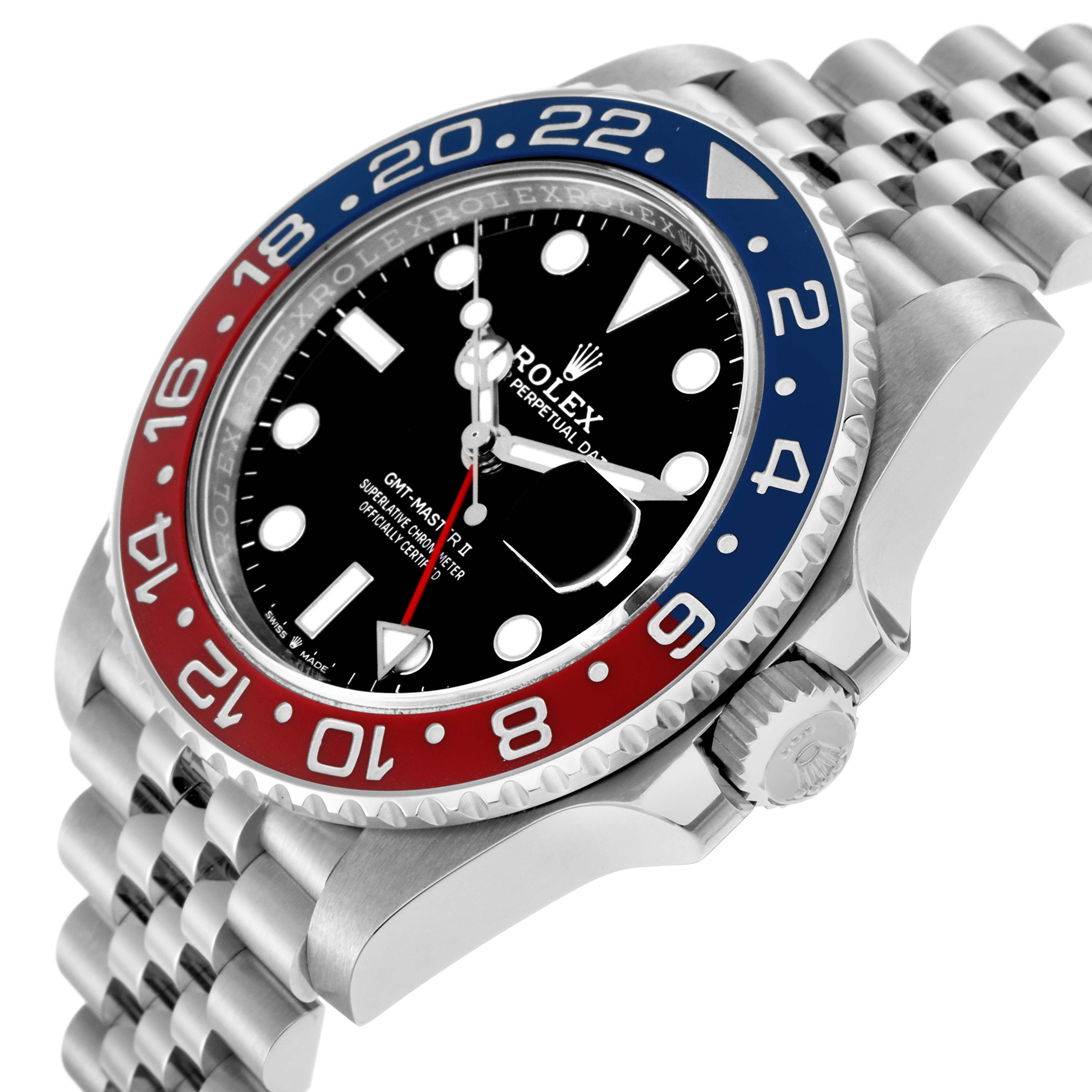 The Rolex GMT-Master 126710BLRO is shown at an angle highlighting the bezel, crown, and part of the bracelet, with the dial visible.