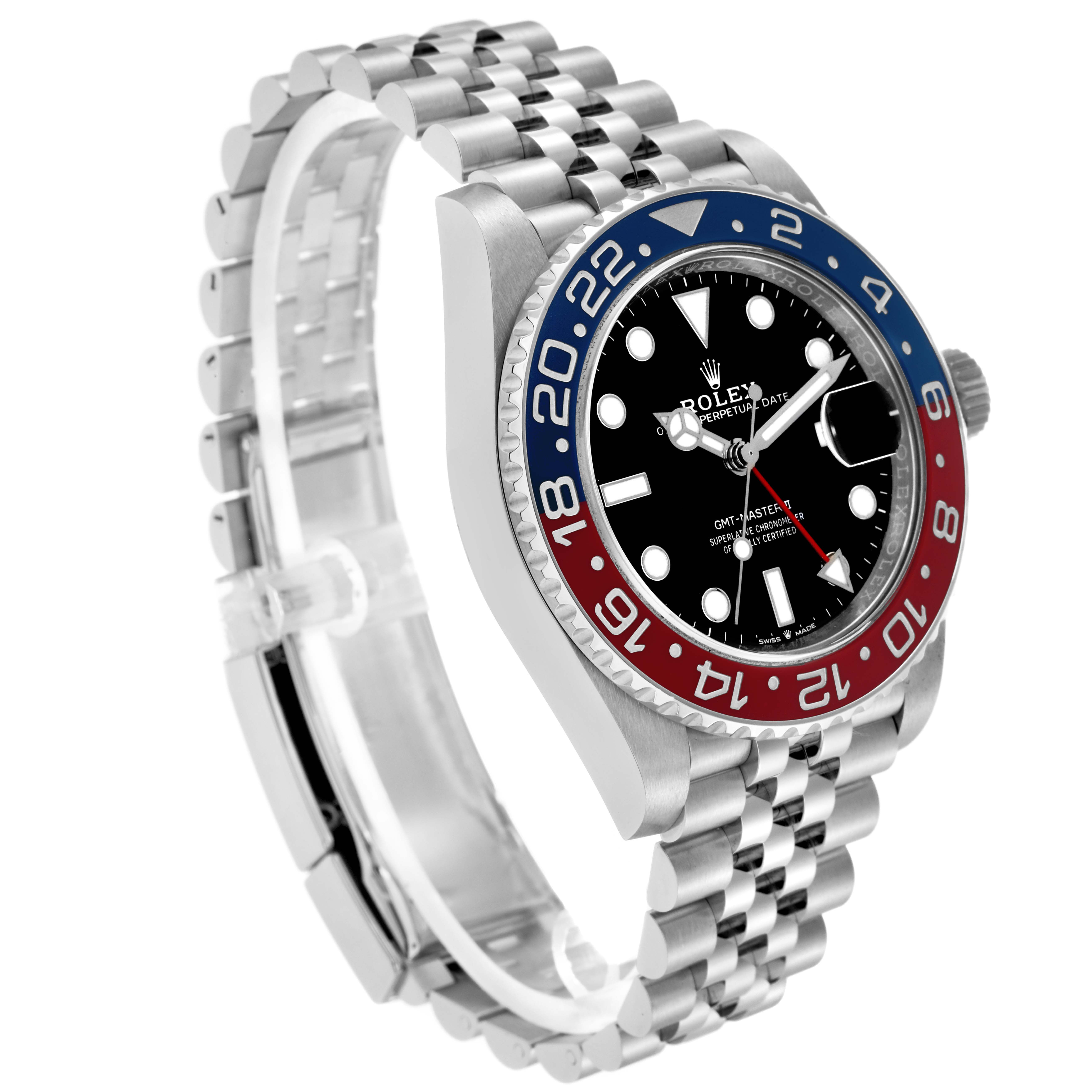 The Rolex GMT-Master model 126710BLRO is shown at a three-quarter angle, highlighting the bezel, face, case, and part of the bracelet.