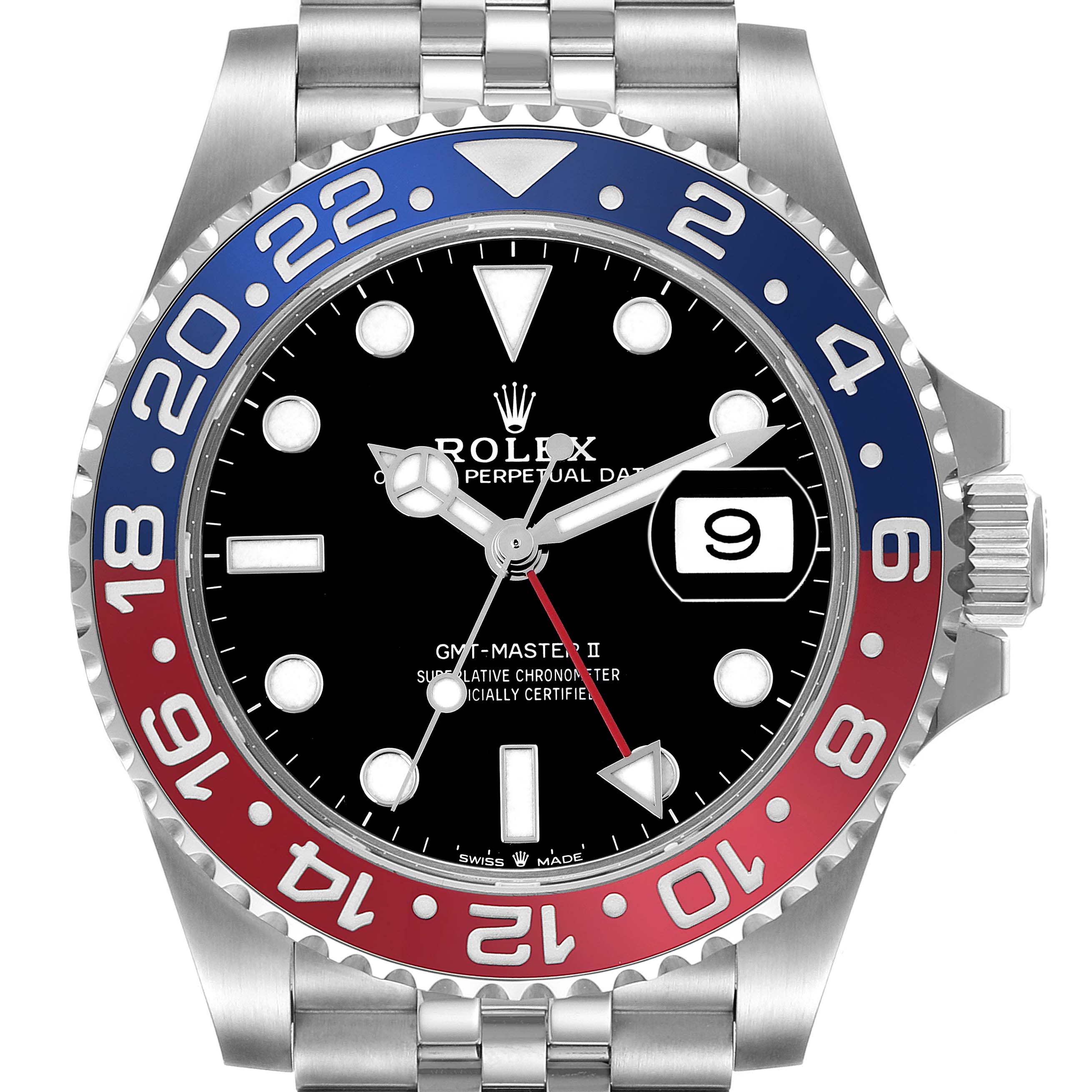 This image shows a Rolex GMT-Master II, model 126710BLRO, from a front angle highlighting its bezel, dial, and bracelet.