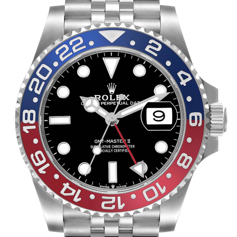 This image shows a Rolex GMT-Master II, model 126710BLRO, from a front angle highlighting its bezel, dial, and bracelet.