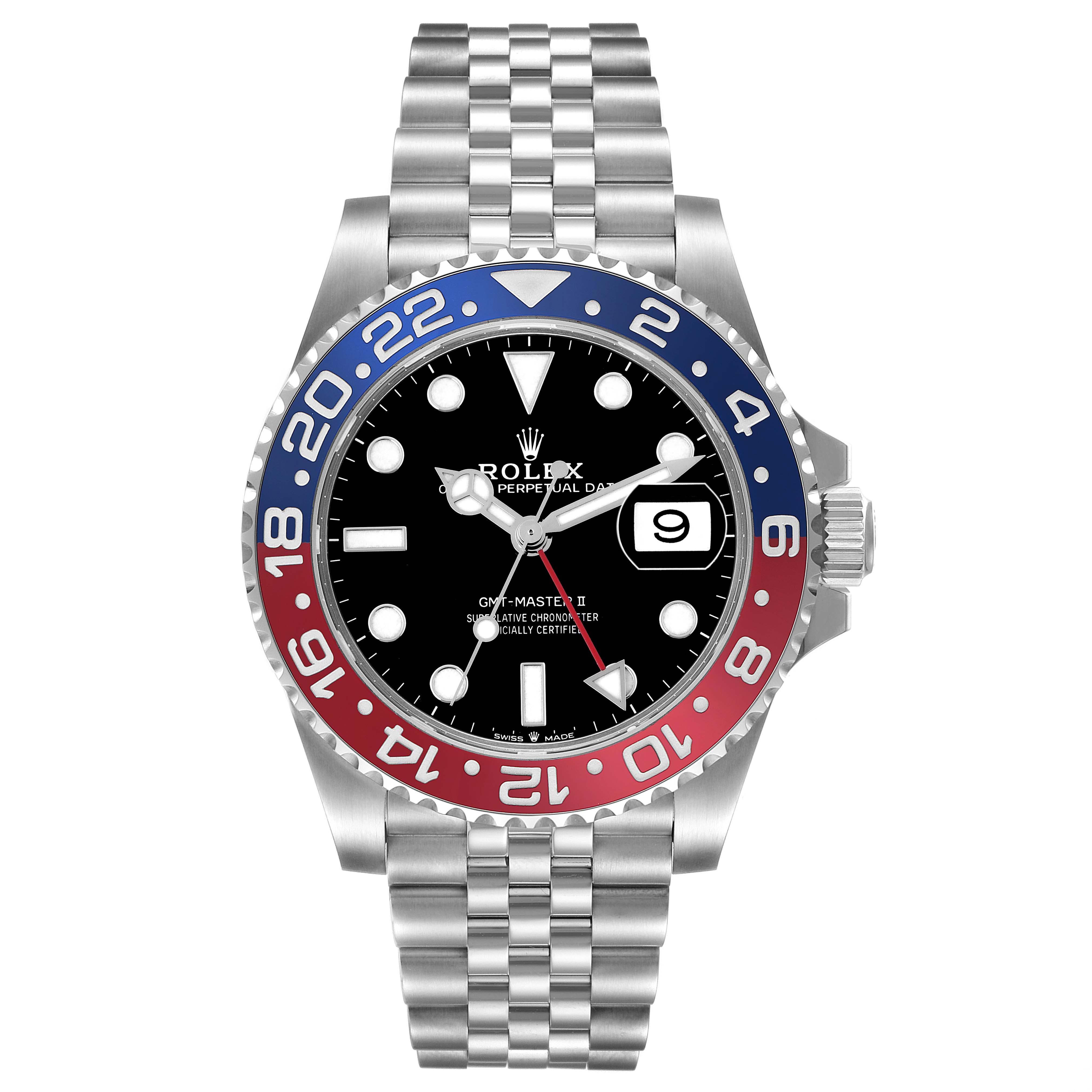 The image shows a front view of a Rolex GMT-Master II, model number 126710BLRO, featuring a two-tone blue and red bezel and jubilee bracelet.