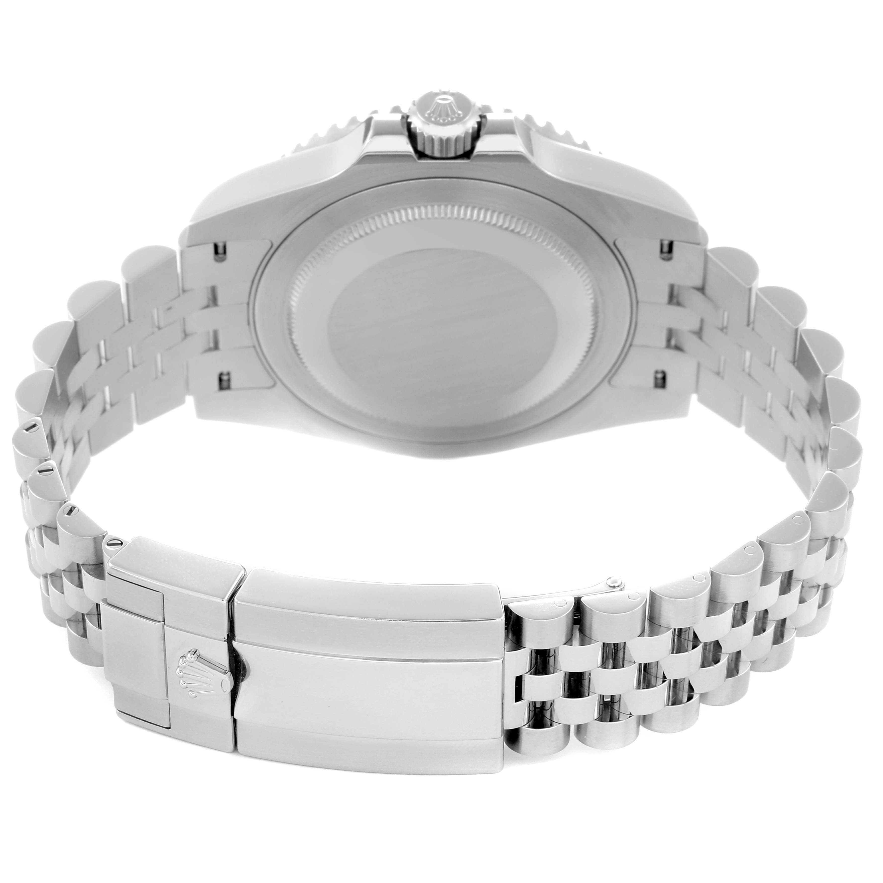 The image shows the case back and bracelet clasp of the Rolex GMT-Master model 126710BLRO, with the crown and jubilee bracelet included.