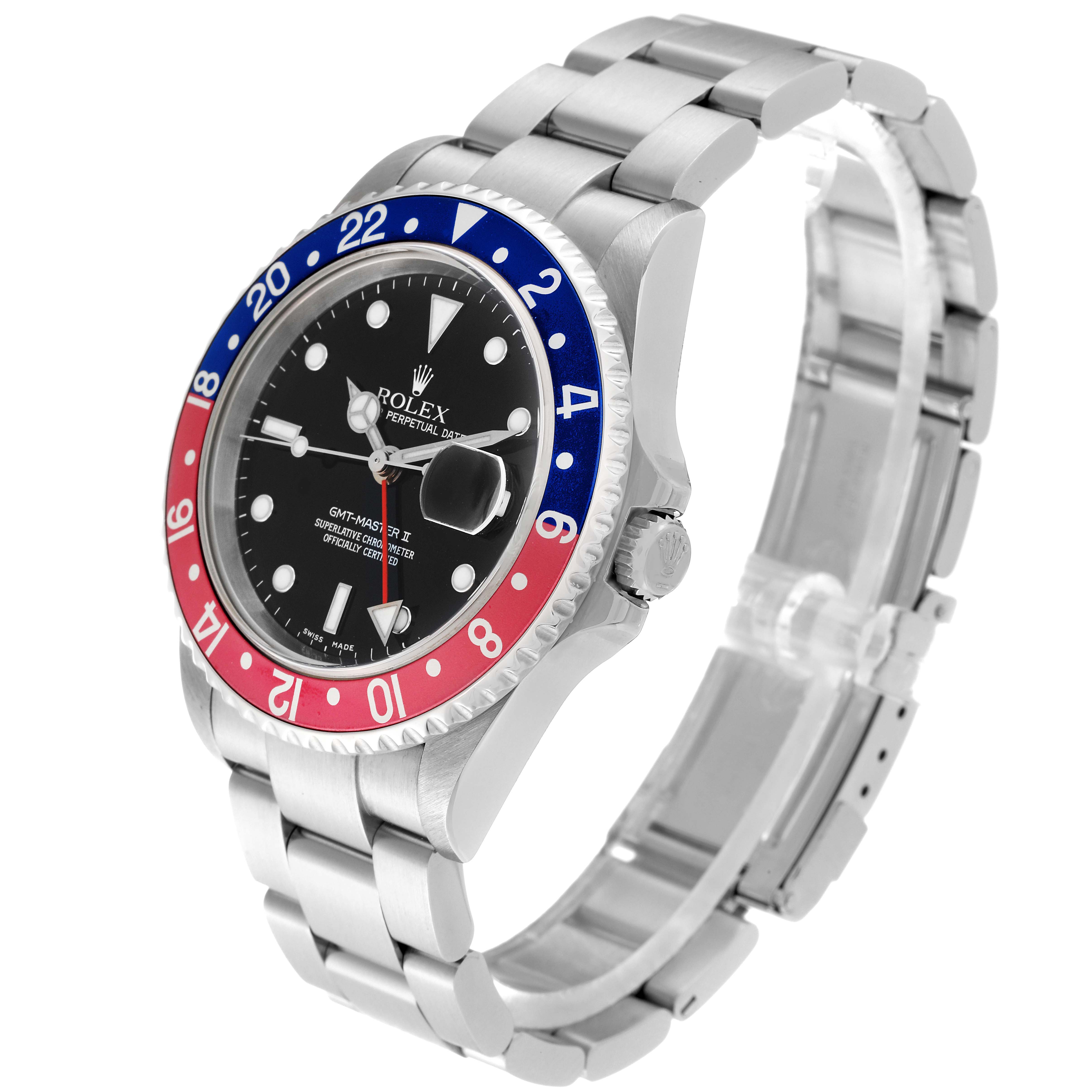 The image shows a Rolex GMT-Master 16710 Men's Stainless Steel Black Dial 16710 Men's Stainless Steel Black Dial watch at an angled side view displaying the dial, bezel, and bracelet.