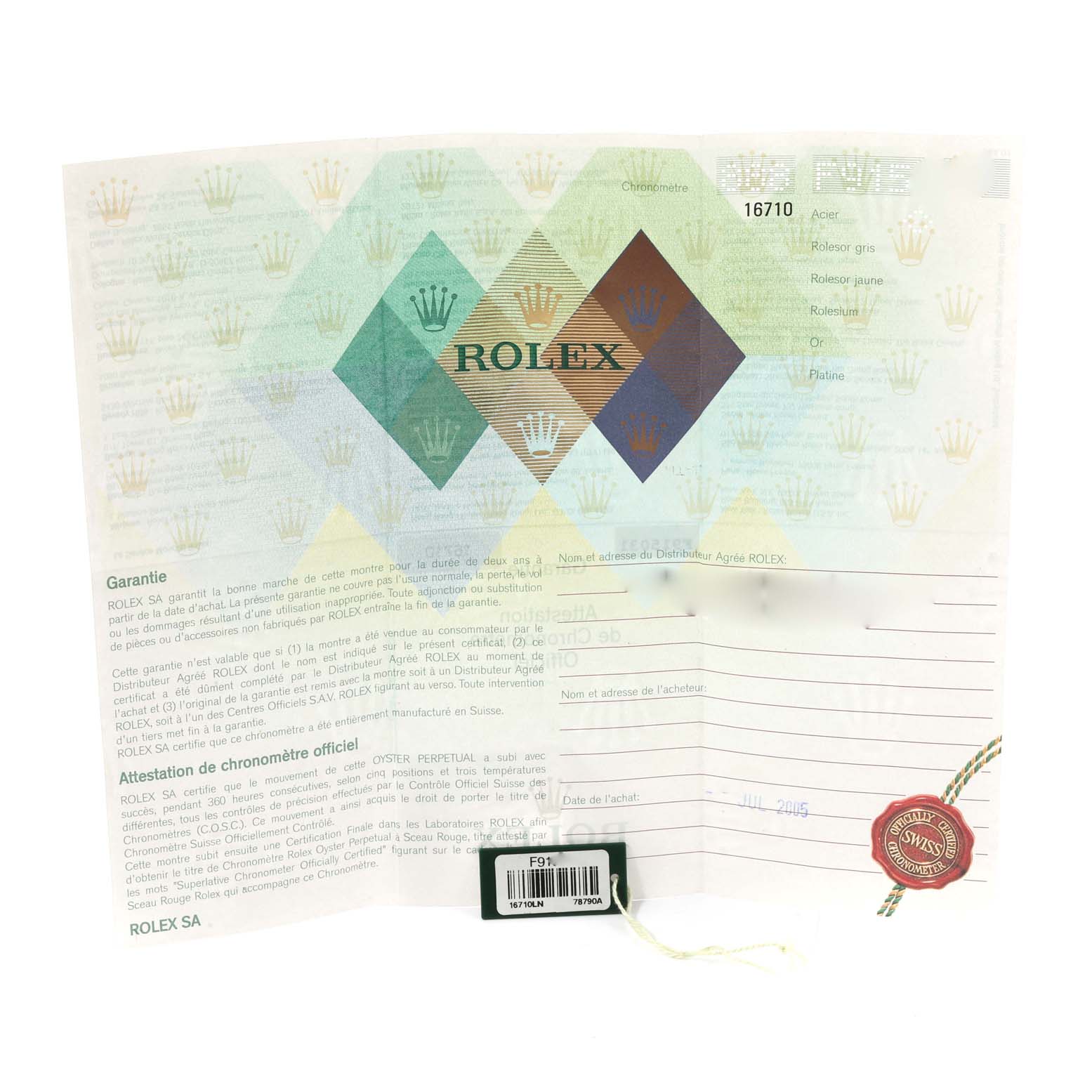 This image shows the warranty card and official documentation for the Rolex GMT-Master 16710 Men's Stainless Steel Black Dial 16710 Men's Stainless Steel Black Dial model.