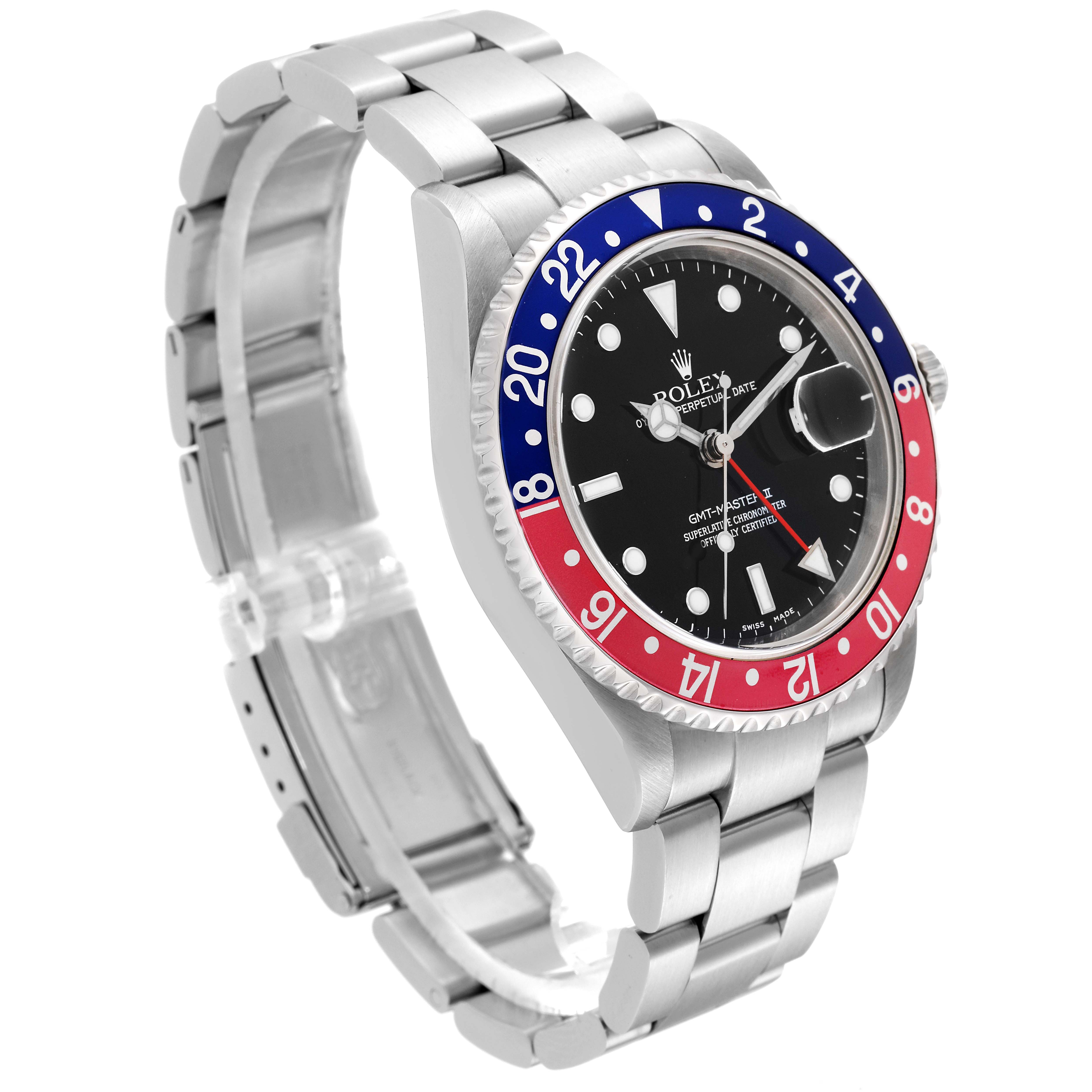 The Rolex GMT-Master 16710 Men's Stainless Steel Black Dial 16710 Men's Stainless Steel Black Dial watch is shown at a front-side angle, highlighting the bezel, dial, and bracelet.