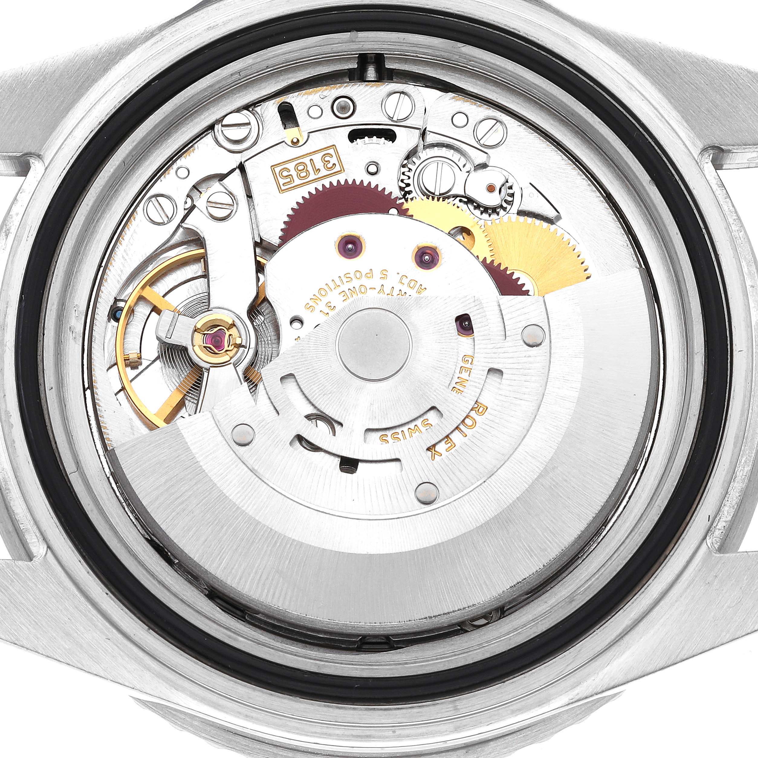 This image shows the movement and internal parts of a Rolex GMT-Master 16710 Men's Stainless Steel Black Dial 16710 Men's Stainless Steel Black Dial watch from a rear view angle.
