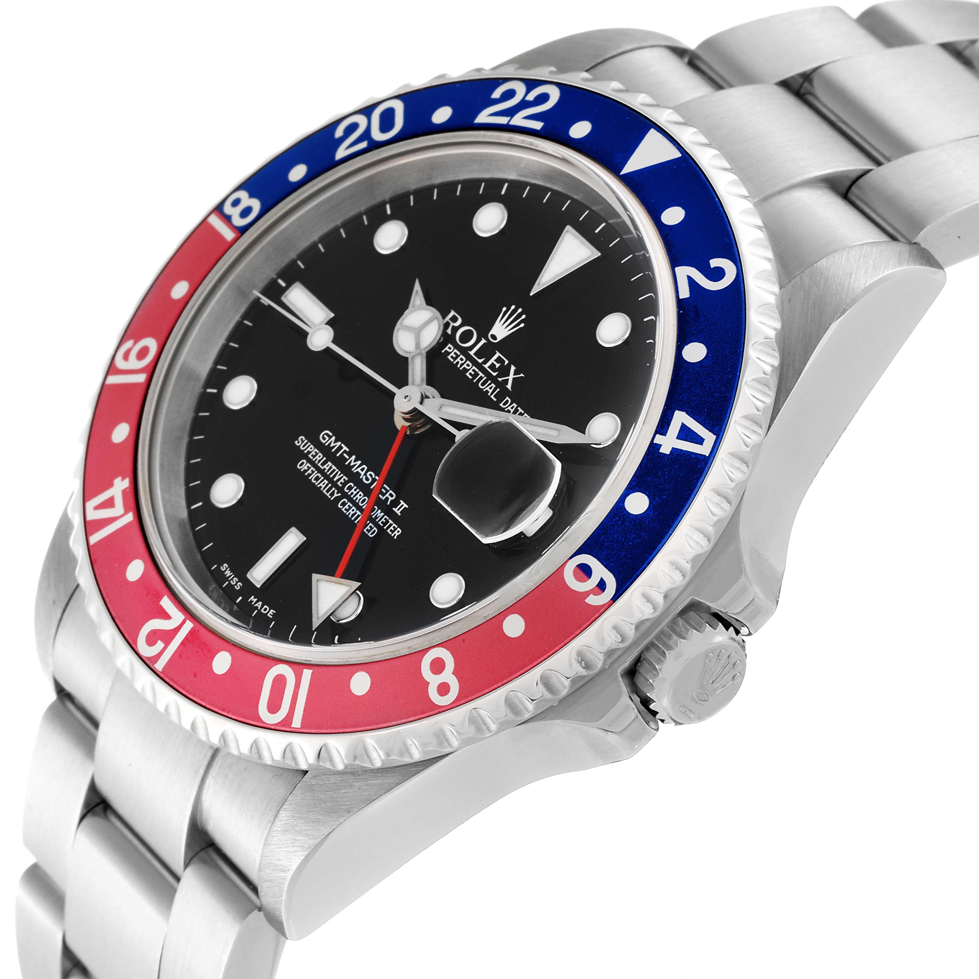 The image shows a Rolex GMT-Master 16710 Men's Stainless Steel Black Dial 16710 Men's Stainless Steel Black Dial watch at an oblique angle, highlighting the bezel, dial, bracelet, and crown.