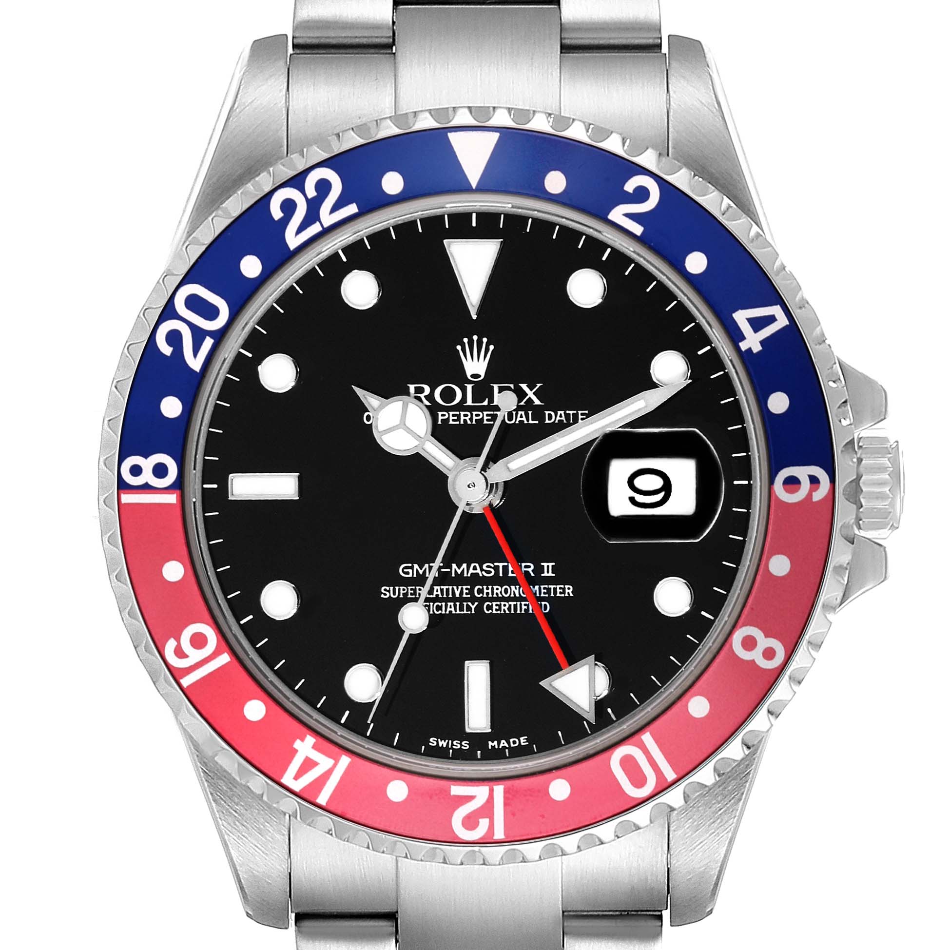 The image shows a front view of the Rolex GMT-Master 16710 Men's Stainless Steel Black Dial 16710 Men's Stainless Steel Black Dial II watch, displaying the bezel, dial, hands, and date window.